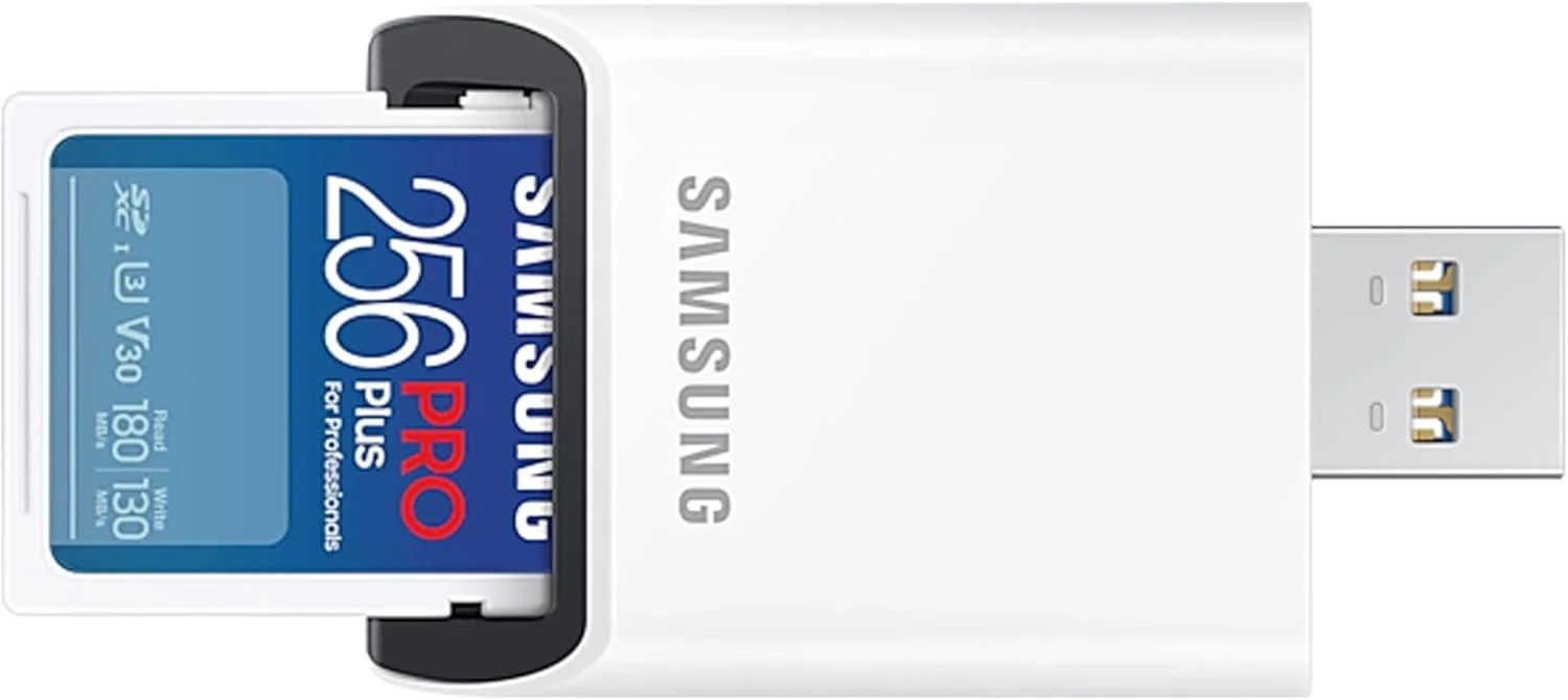 کارت حافظه سامسونگ PRO Plus SD با ظرفیت 256 گیگابایت UHS-I U3 Full HD & 4K UHD سرعت خواندن 180MB/s سرعت نوشتن 130MB/s برای دوربین ها و پهپادها به همراه کارت خوان USB مدل MB-SD256SB/WW