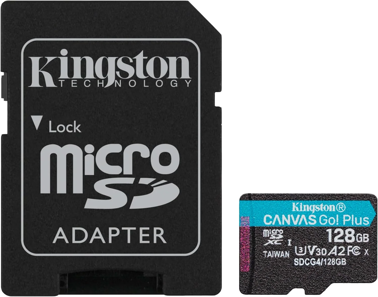 کارت حافظه microSDXC کینگستون Canvas Go Plus نسل 4 با سرعت 200 مگابایت بر ثانیه، استاندارد A2 U3 V30، ظرفیت 128 گیگابایت به همراه آداپتور مدل SDCG4/128GB
