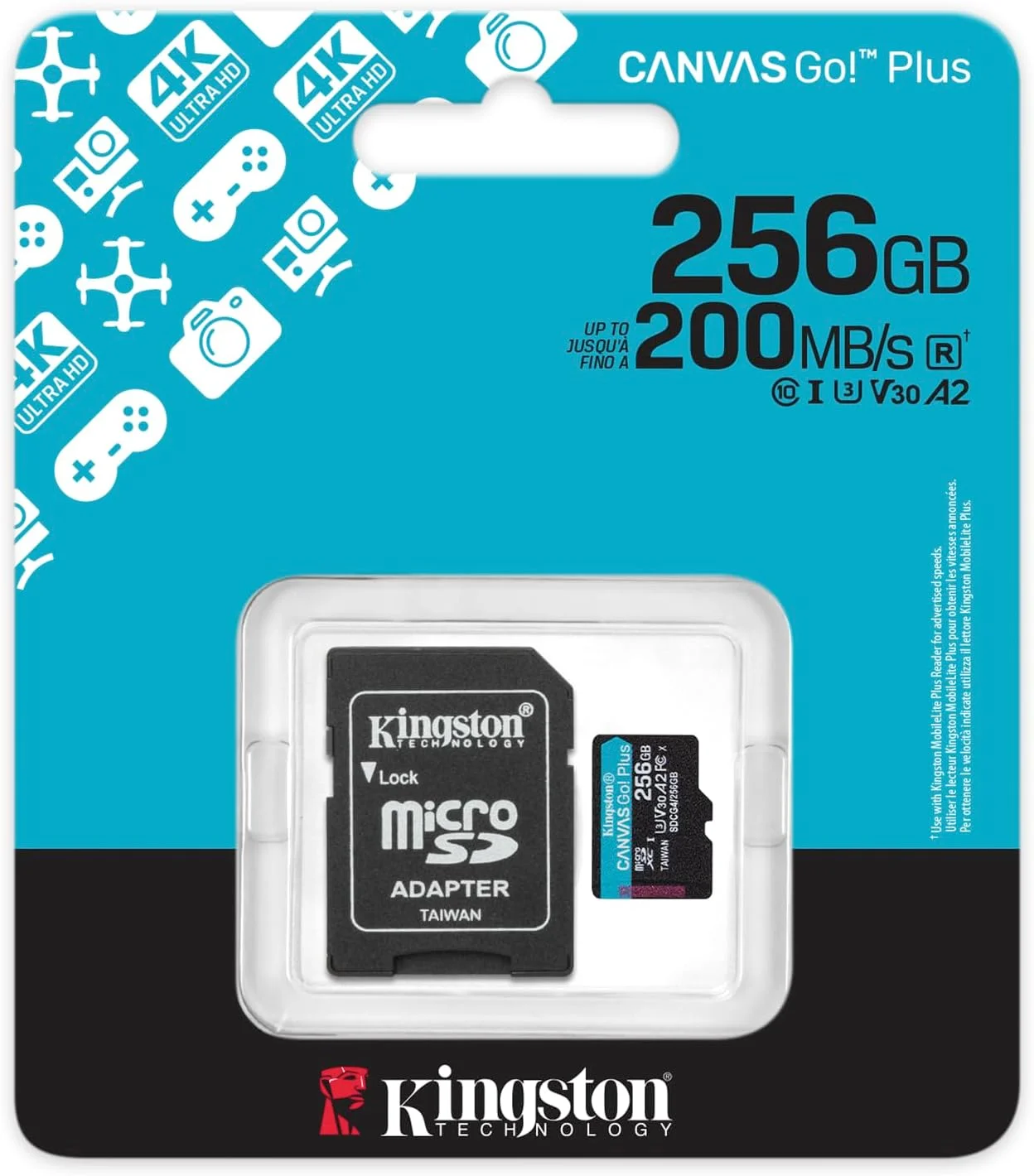 کارت حافظه microSDXC کینگستون Canvas Go Plus Gen4 با سرعت 200MB/s، استاندارد A2 U3 V30، ظرفیت 256 گیگابایت به همراه آداپتور مدل SDCG4/256GB