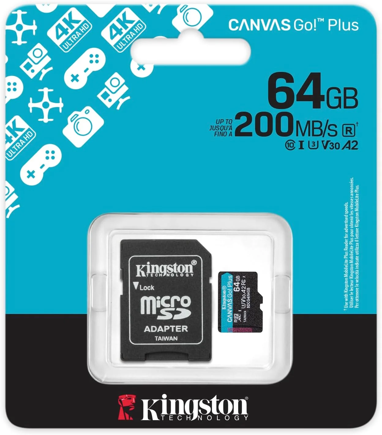 کارت حافظه microSDXC کینگستون Canvas Go Plus نسل 4 با سرعت 200 مگابایت بر ثانیه، A2 U3 V30، ظرفیت 64 گیگابایت به همراه آداپتور - مدل SDCG4/64GB