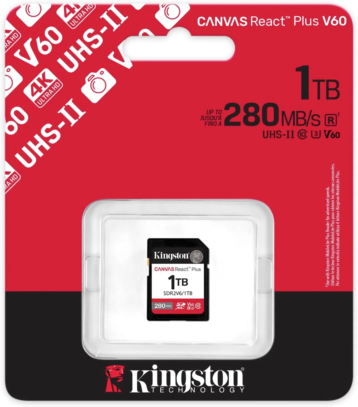 کارت حافظه کینگستون Canvas React Plus V60 SD 1TB SDXC UHS-II 280R/150W U3 V60 مناسب برای Full HD/4K