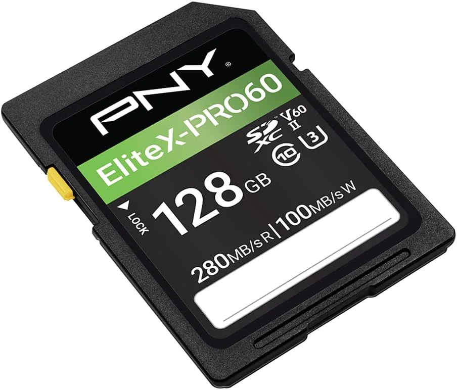کارت حافظه 128 گیگابایتی PNY EliteX-PRO60 UHS-II SDXC - سرعت خواندن 280 مگابایت بر ثانیه، سرعت نوشتن 100 مگابایت بر ثانیه، U3، V60، 4K UHD، Full HD، UHS-II برای عکاسان حرفه ای و تولیدکنندگان محتوا، دوربین های DSLR بدون آینه، دوربین های فیلمبرداری پیشرفته
