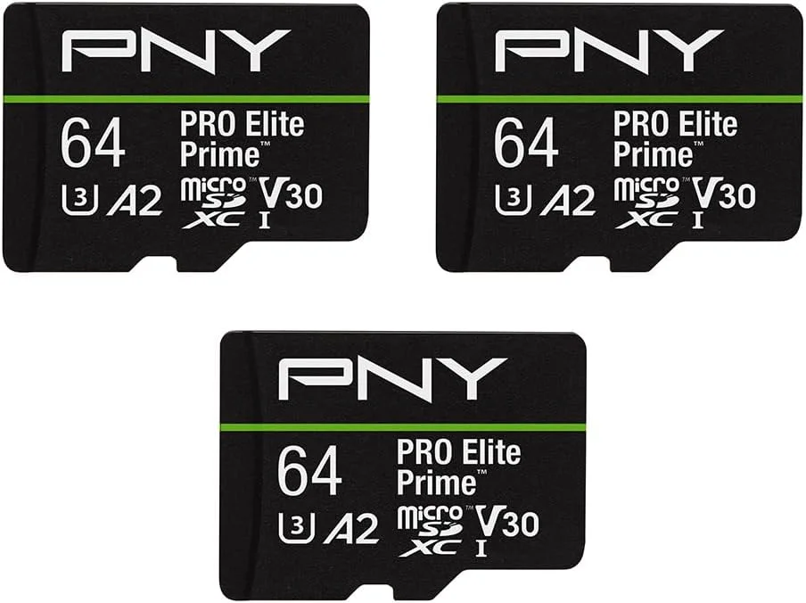 PNY - کارت حافظه فلش 64 گیگابایتی Pro Elite Prime Class 10 U3 V30 A2 microSDXC، 200 مگابایت بر ثانیه، کلاس 10، U3، V30، A2، 4K UHD، Full HD، UHS-I، Micro SD بسته 3 عددی