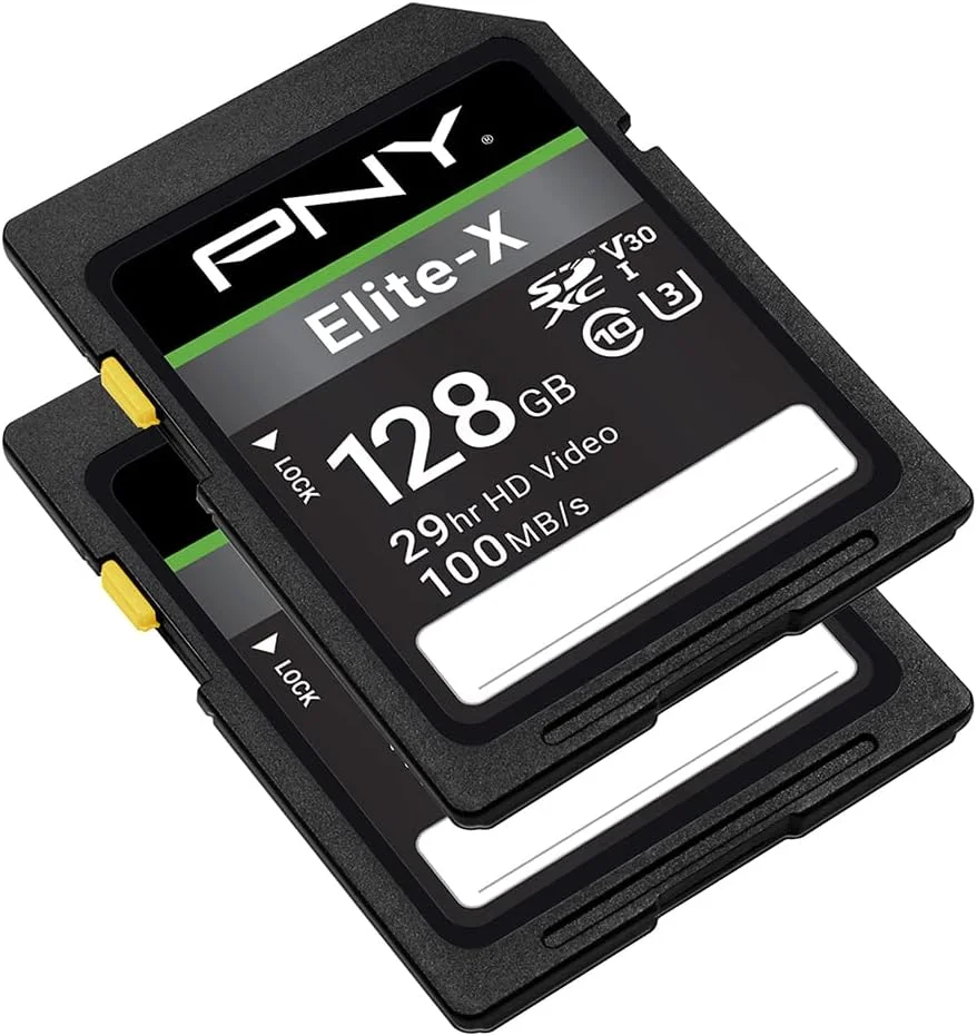 کارت حافظه فلش PNY Elite-X کلاس 10 U3 V30 SDXC با ظرفیت 128 گیگابایت، بسته 2 عددی - سرعت 100 مگابایت بر ثانیه، کلاس 10، U3، V30، 4K UHD، Full HD، UHS-I، اندازه کامل SD