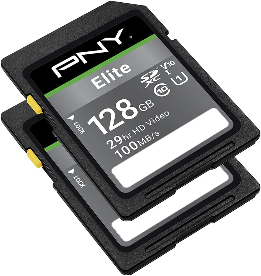 کارت حافظه فلش PNY Elite کلاس 10 U1 V10 SDXC با ظرفیت 128 گیگابایت، بسته 2 عددی - سرعت خواندن 100 مگابایت بر ثانیه، کلاس 10، U1، V10، Full HD، UHS-I، اندازه کامل SD