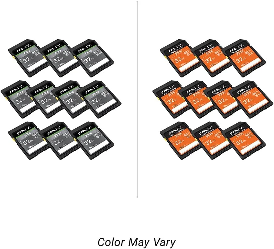 کارت حافظه فلش 32 گیگابایتی PNY Elite Class 10 U1 V10 SDHC مناسب دوربین های تریل، سرعت خواندن تا 100 مگابایت بر ثانیه، UHS-I، عکس HD، فیلم HD، برای دوربین های فضای باز، دوربین های DSLR، استفاده تاکتیکی، علاقه مندان به حیات وحش، بسته 10 عددی