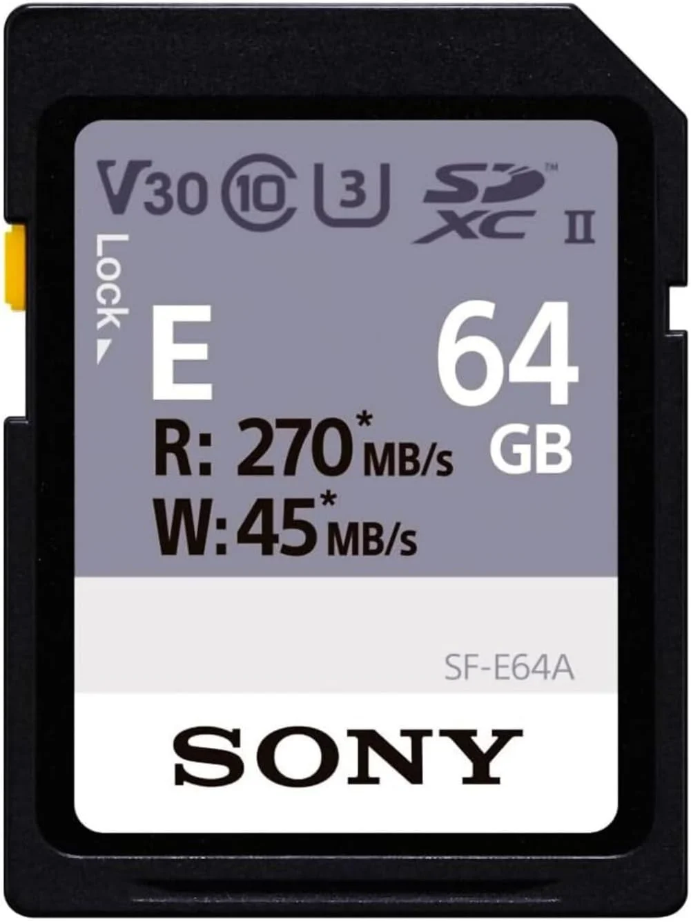 کارت حافظه 64 گیگابایتی Sony سری E مدل SDXC UHS-II، V30، CL10، U3، حداکثر سرعت خواندن 270 مگابایت بر ثانیه، حداکثر سرعت نوشتن 45 مگابایت بر ثانیه (SF-E64/A)