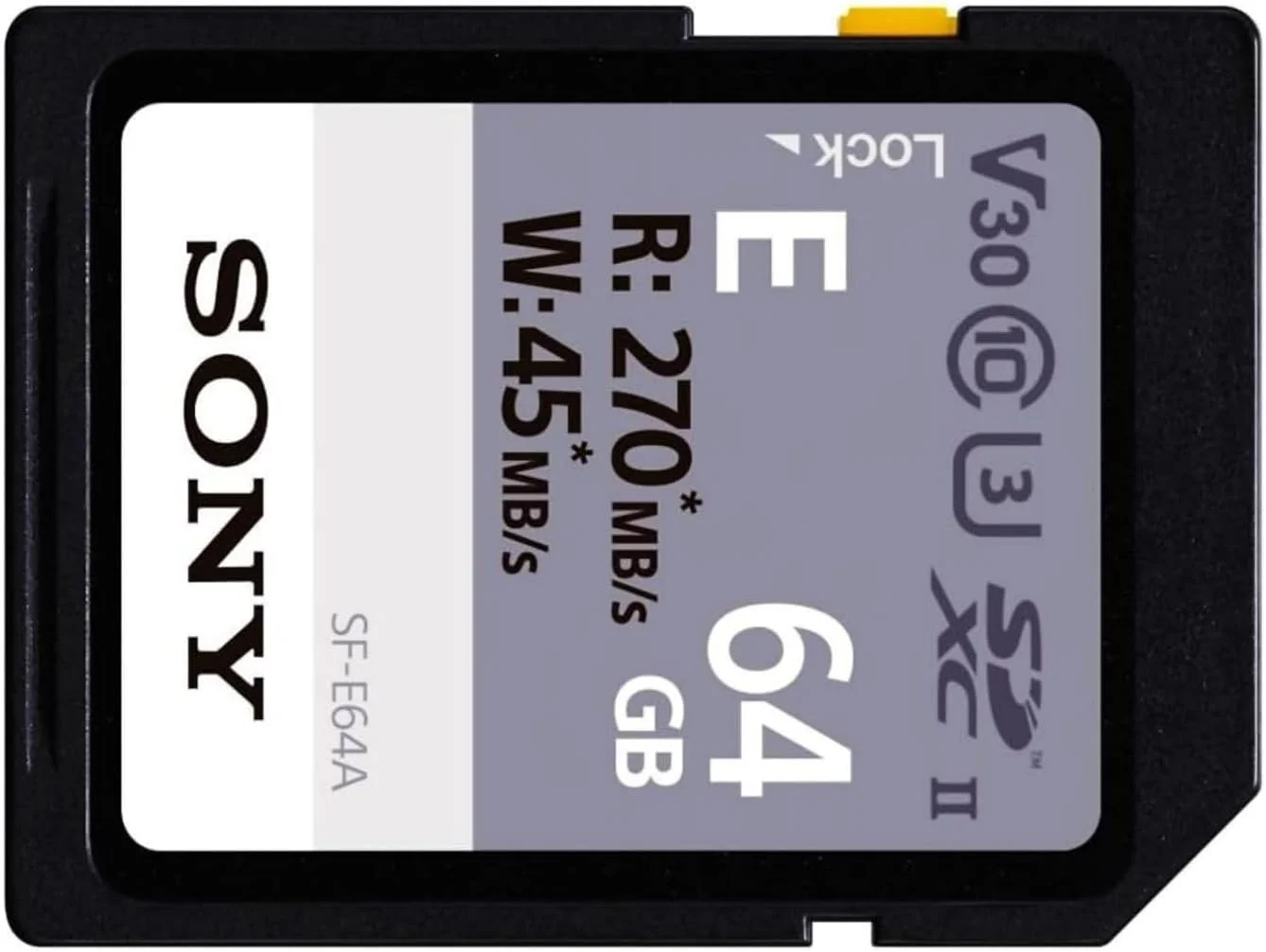 کارت حافظه 64 گیگابایتی Sony سری E مدل SDXC UHS-II، V30، CL10، U3، حداکثر سرعت خواندن 270 مگابایت بر ثانیه، حداکثر سرعت نوشتن 45 مگابایت بر ثانیه (SF-E64/A)