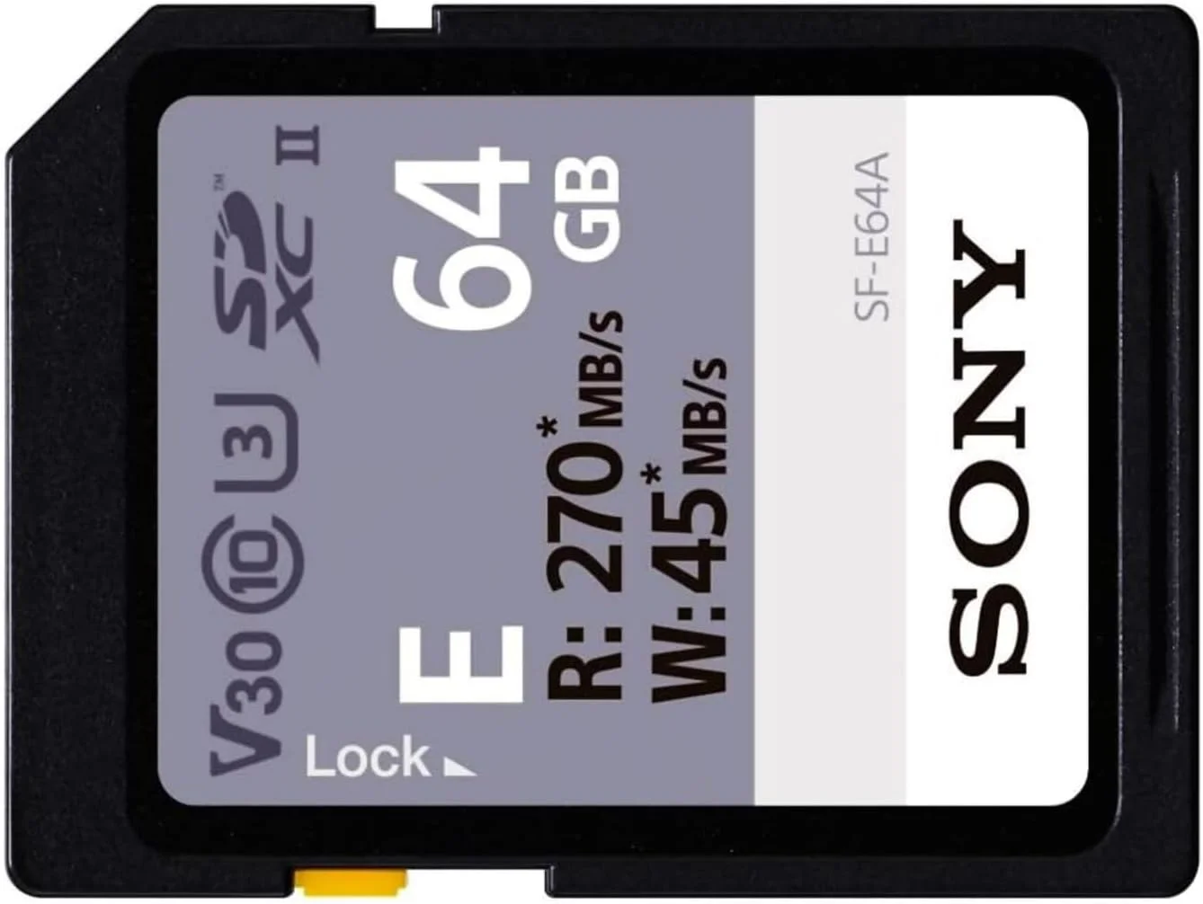 کارت حافظه 64 گیگابایتی Sony سری E مدل SDXC UHS-II، V30، CL10، U3، حداکثر سرعت خواندن 270 مگابایت بر ثانیه، حداکثر سرعت نوشتن 45 مگابایت بر ثانیه (SF-E64/A)