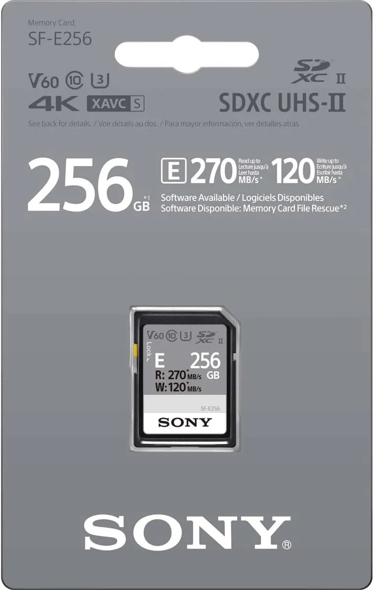 کارت حافظه 256 گیگابایتی Sony E series SDXC UHS-II، V60، CL10، U3، حداکثر سرعت خواندن 270 مگابایت بر ثانیه، سرعت نوشتن 120 مگابایت بر ثانیه (SF-E256/T1)، مشکی، کوچک