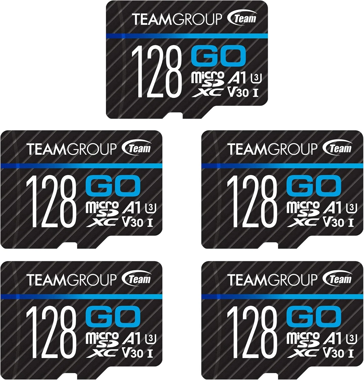 کارت حافظه TEAMGROUP GO با ظرفیت 128 گیگابایت، بسته 5 عددی، Micro SDXC UHS-I U3 V30 4K مناسب برای GoPro، پهپاد و دوربین های ورزشی، کارت حافظه فلش پرسرعت به همراه آداپتور برای ورزش های فضای باز، فیلمبرداری 4K و Nintendo-Switch مدل TGUSDX128GU363