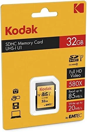 کارت حافظه 32 گیگابایتی KODAK کلاس 10 UHS-I U1 SDHC/XC با عملکرد عالی، برای ضبط ویدیوهای Full HD و تصاویر با وضوح بالا، سازگار با تمام دستگاه های پشتیبانی کننده استانداردهای SDHC و SDXC