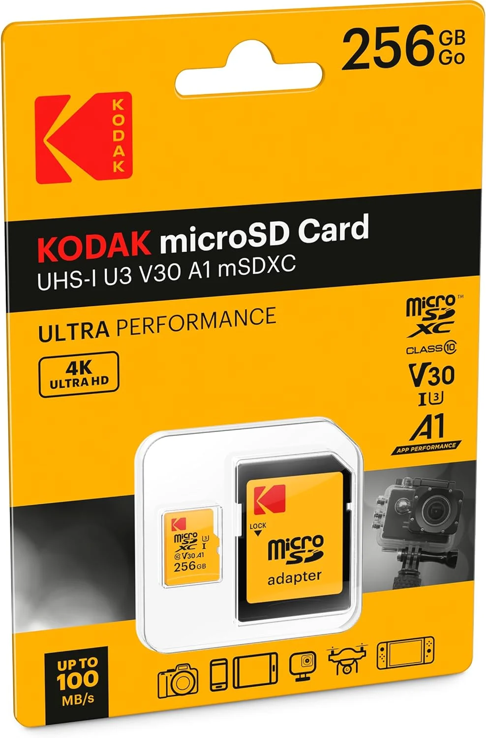 کارت حافظه میکرو اس دی کداک - 256 گیگابایت UHS-I U3 V30 A1 microSDHC/XC - کارت حافظه میکرو اس دی - سرعت خواندن حداکثر 95 مگابایت بر ثانیه - سرعت نوشتن حداکثر 85 مگابایت بر ثانیه - فضای ذخیره سازی اضافی دستگاه های چند رسانه ای