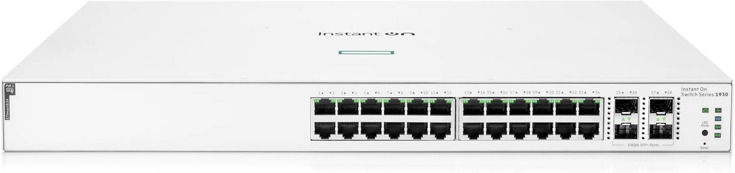 سوئیچ HPE Aruba Instant On 1930 24G Class4 PoE 4SFP/SFP+ 370W - سوئیچ - L3 - مدیریت شده - 24 پورت 10/100/1000 (PoE) + 4 پورت 1 گیگابیت / 10 گیگابیت SFP+ - قابل نصب در رک - PoE (370 W)