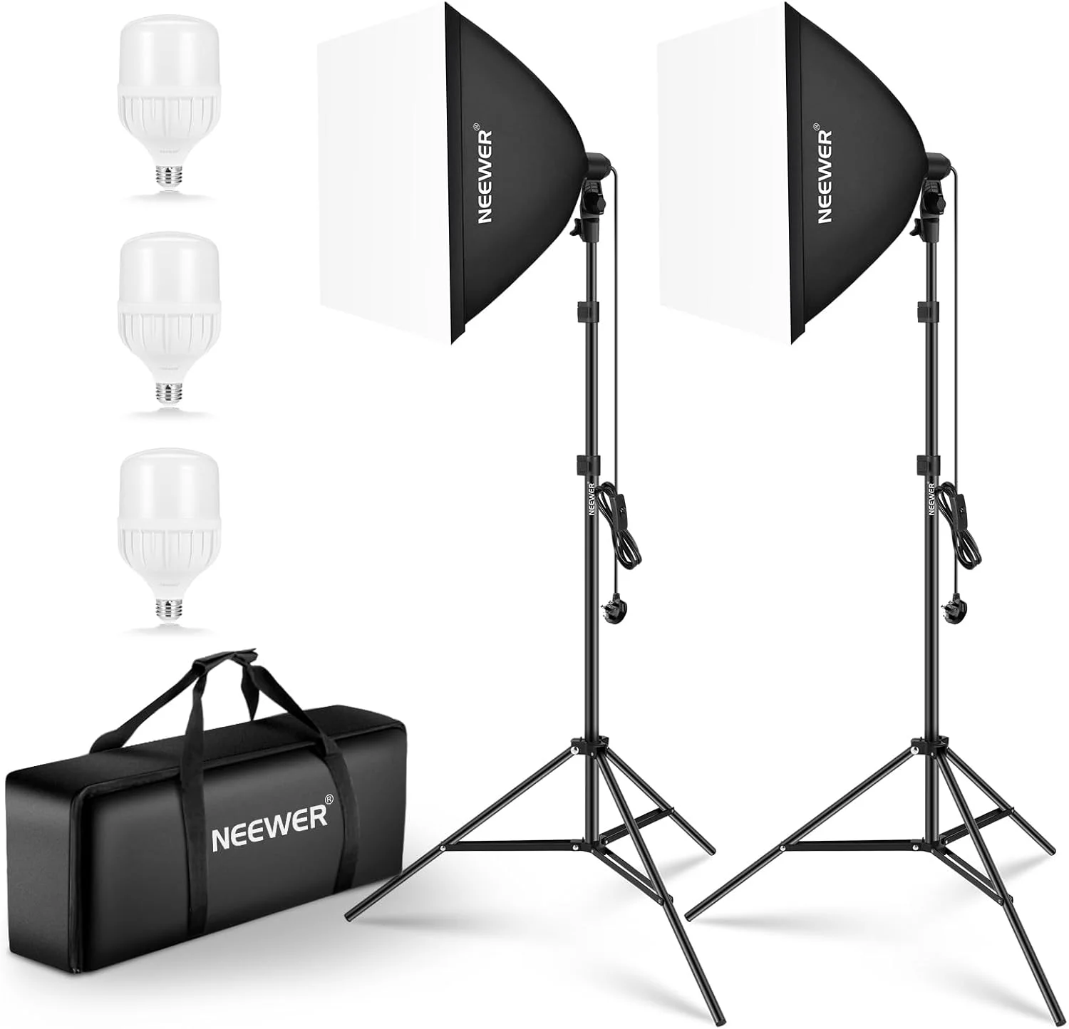 NEEWER 700W Equivalent Softbox Lighting Kit, 3 Pack CE & UKCA Certified 5700K LED Lighting Bulbs, 24x24 inches Softboxes with E27 Socket, Photography Continuous Lighting Kit Photo Studio Equipment