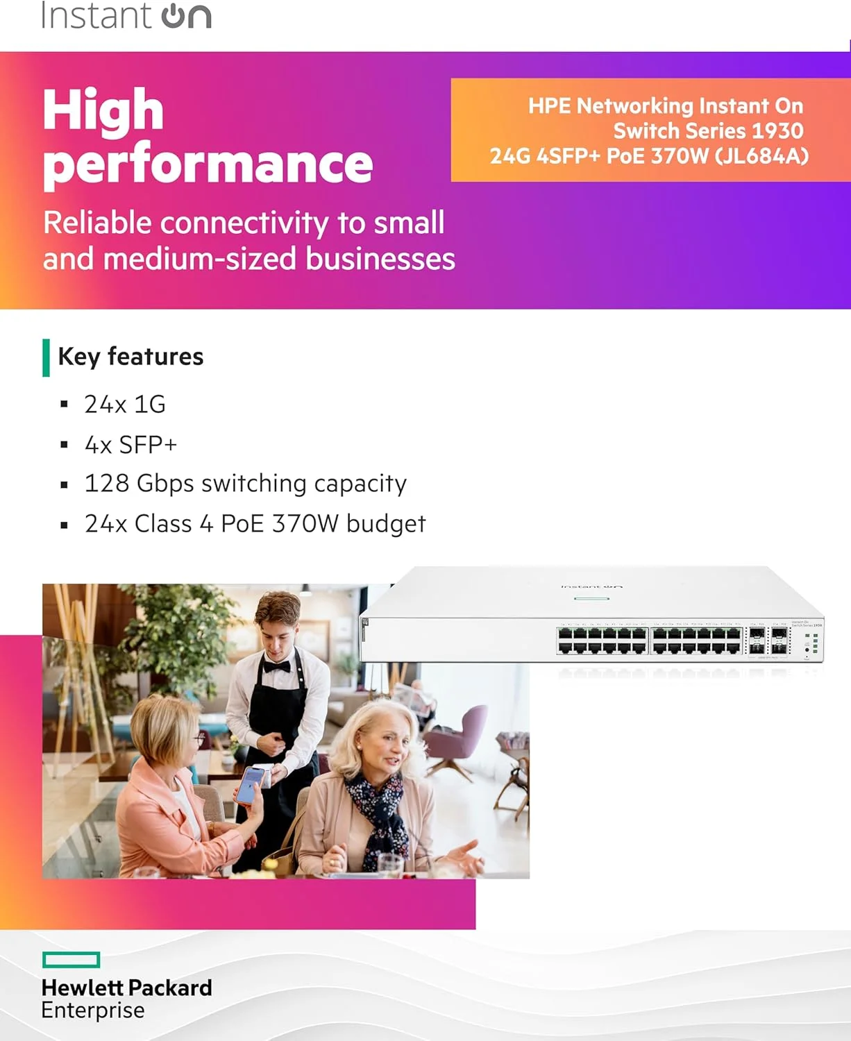 سوئیچ HPE Aruba Instant On 1930 24G Class4 PoE 4SFP/SFP+ 370W - سوئیچ - L3 - مدیریت شده - 24 پورت 10/100/1000 (PoE) + 4 پورت 1 گیگابیت / 10 گیگابیت SFP+ - قابل نصب در رک - PoE (370 W)