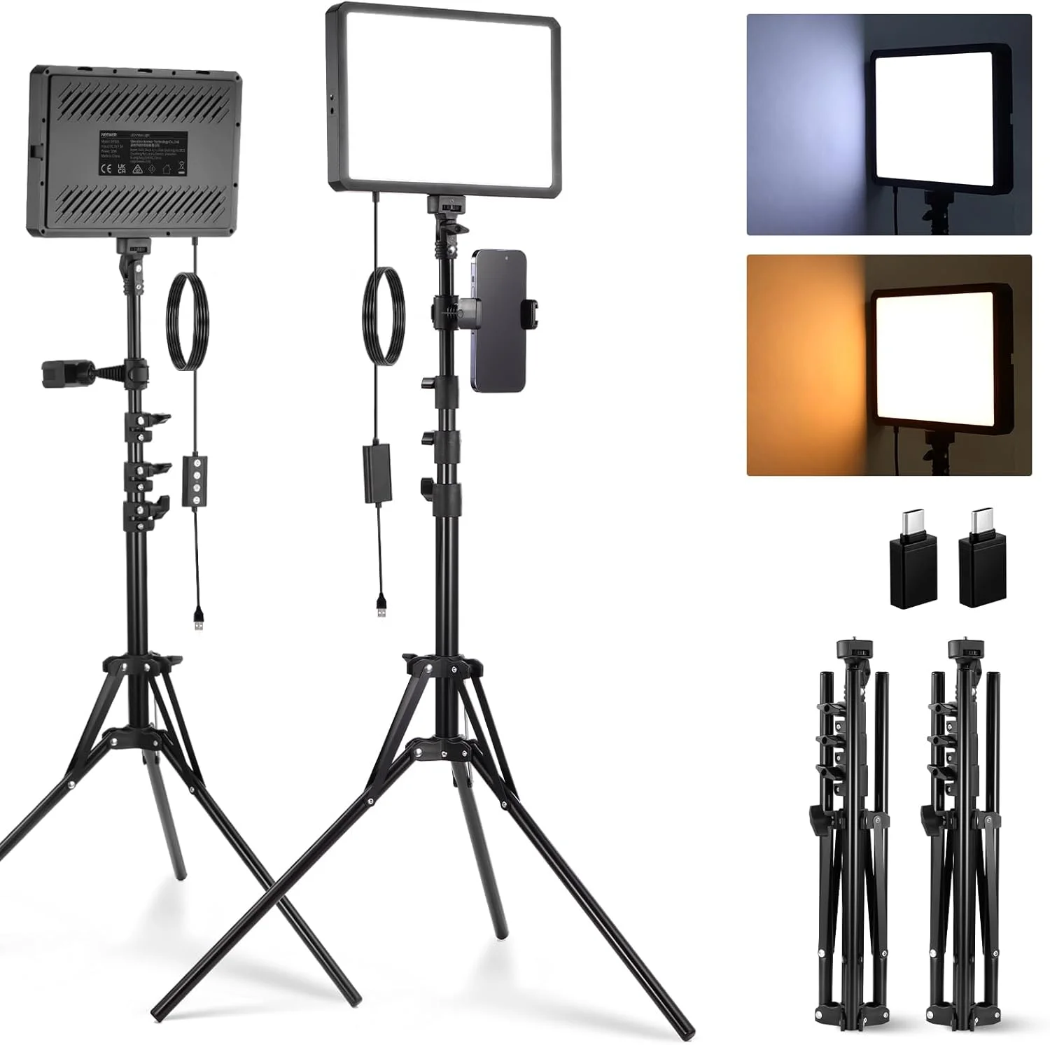 کیت نورپردازی پنل LED پایه NEEWER مدل BP300 شامل 2 عدد پنل نور، 2 عدد پایه 150 سانتی‌متری و 2 عدد هولدر موبایل، نور استودیویی دو رنگ 2700K-6500K با قابلیت تنظیم شدت نور 850lx/0.5m مناسب برای عکاسی، فیلمبرداری، ضبط و پخش زنده