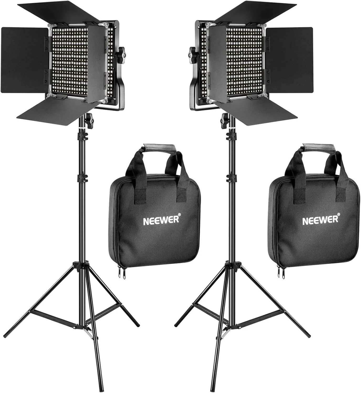 کیت نور ویدئویی ال ای دی دو رنگ NEEWER 660، بسته 2 عددی به همراه پایه: (2) نور قابل تنظیم 3200-5600K با CRI 96+ به همراه براکت U شکل و بارندور، (2) پایه نور 75 اینچی برای عکاسی استودیویی، ضبط ویدئو (مشکی)