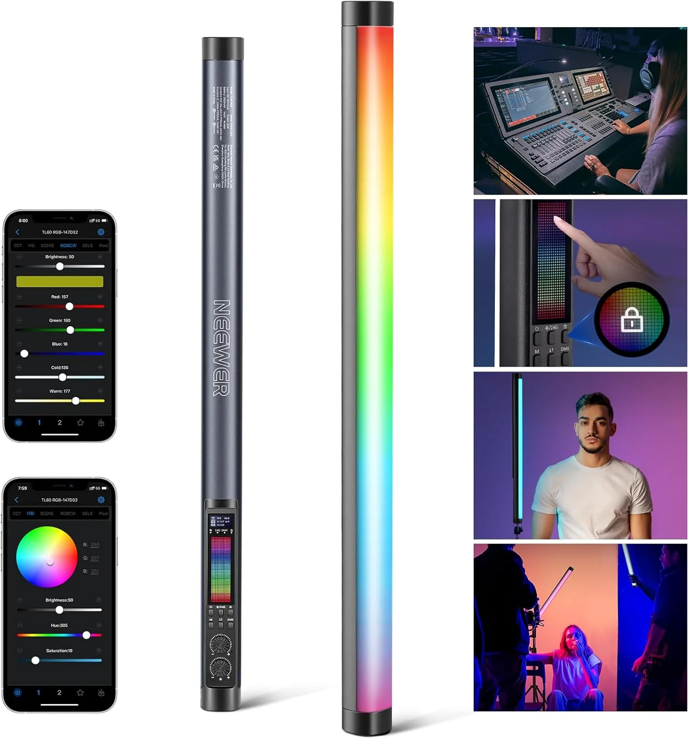 نور تیوب RGB مدل NEEWER TL60، نورپردازی ویدئویی LED دستی تمام رنگی RGBWW با قابلیت کنترل از طریق اپلیکیشن/2.4G/DMX، دارای 7 افکت پیکسلی و 18 صحنه، 2500K-10000K با CRI97+ و TLCI98+، باتری 3000mAh