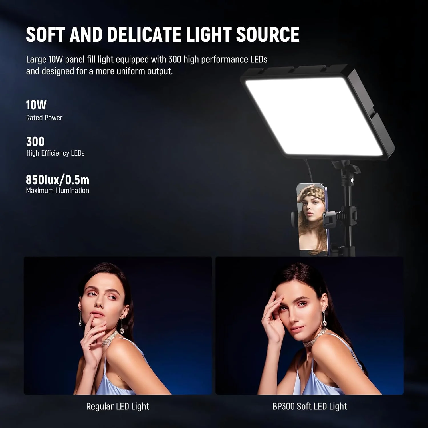 ست نورپردازی استودیویی LED نیور مدل BP300 شامل سه پنل نور، پایه سه پایه و نگهدارنده تلفن همراه، مناسب برای ضبط ویدیو، عکاسی و استریمینگ، 850lx/0.5m، دو رنگ 2700-6500K با قابلیت تنظیم نور ست نورپردازی استودیویی LED نیور مدل BP300 شامل سه پنل نور، پایه سه پایه و نگهدارنده تلفن همراه، مناسب برای ضبط ویدیو، عکاسی و استریمینگ، 850lx/0.5m، دو رنگ 2700-6500K با قابلیت تنظیم نور