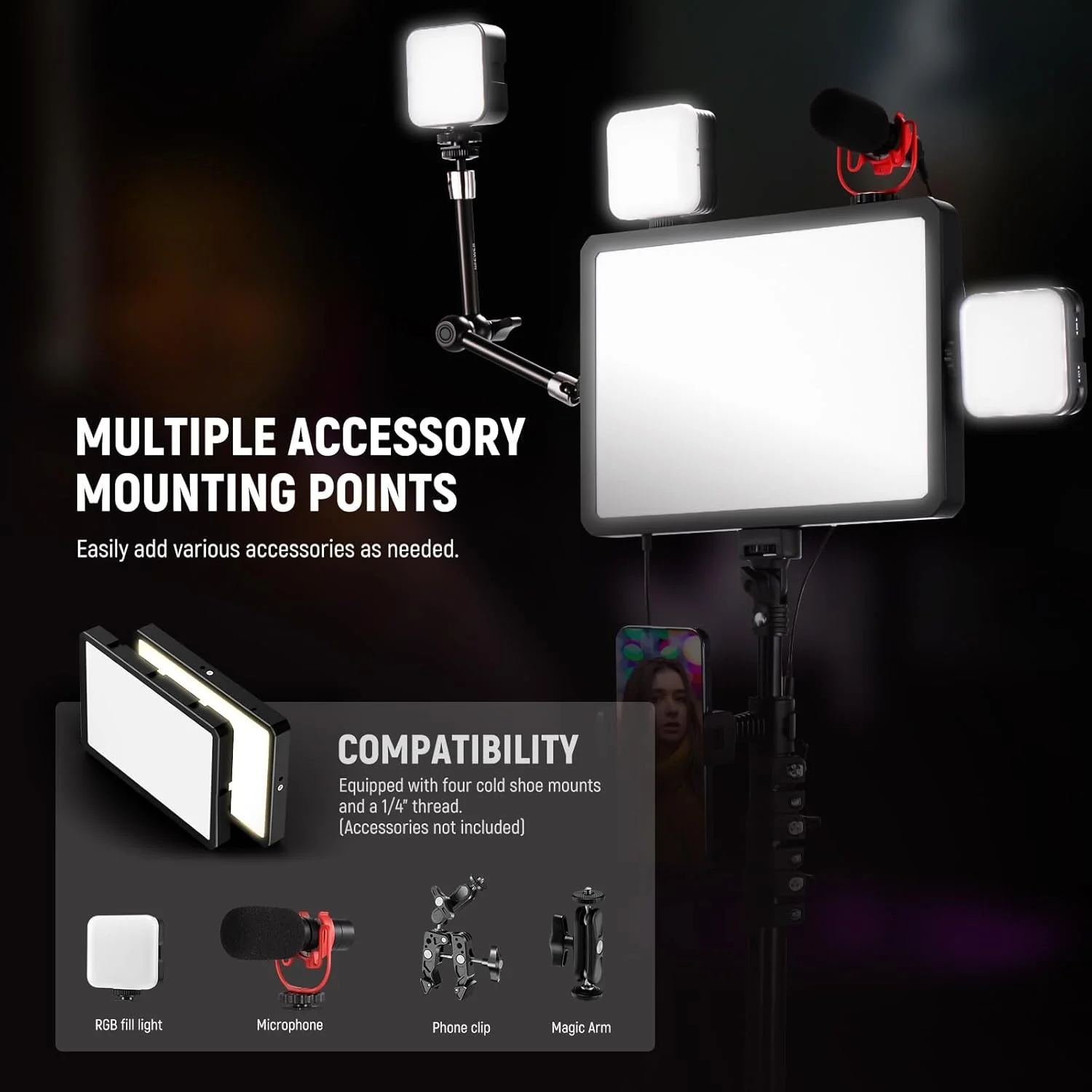 ست نورپردازی استودیویی LED نیور مدل BP300 شامل سه پنل نور، پایه سه پایه و نگهدارنده تلفن همراه، مناسب برای ضبط ویدیو، عکاسی و استریمینگ، 850lx/0.5m، دو رنگ 2700-6500K با قابلیت تنظیم نور ست نورپردازی استودیویی LED نیور مدل BP300 شامل سه پنل نور، پایه سه پایه و نگهدارنده تلفن همراه، مناسب برای ضبط ویدیو، عکاسی و استریمینگ، 850lx/0.5m، دو رنگ 2700-6500K با قابلیت تنظیم نور