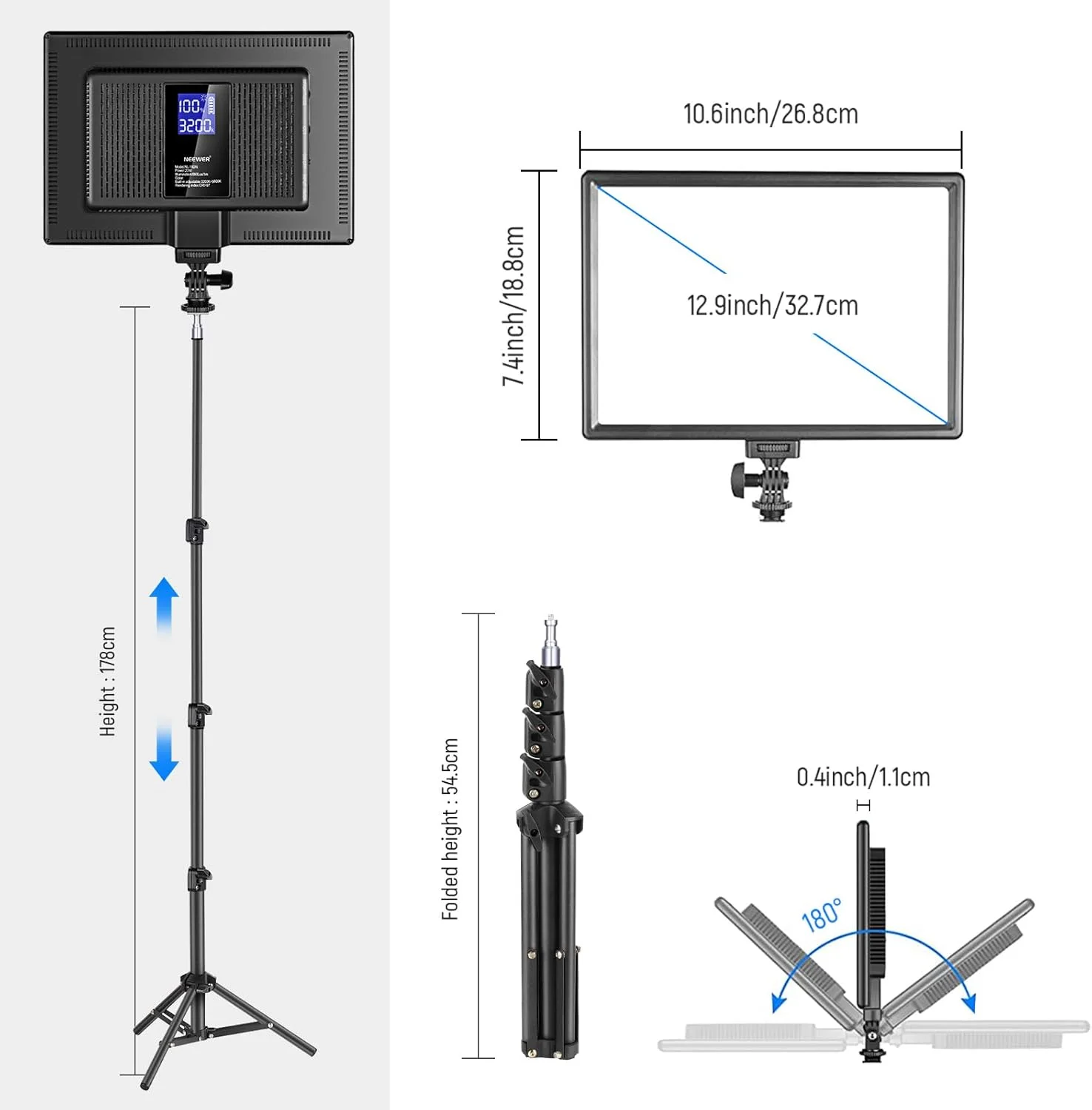 پنل نور LED ویدئویی 13 اینچی NEEWER، کیت نورپردازی استودیویی با پایه سه پایه، نور کلیدی عکس دو رنگ قابل تنظیم برای استریم، عکاسی، ضبط پادکست، 3200-5600K CRI97+ 2400Lux/0.5m 8000mAh، NL-192AI پنل نور LED ویدئویی 13 اینچی NEEWER، کیت نورپردازی استودیویی با پایه سه پایه، نور کلیدی عکس دو رنگ قابل تنظیم برای استریم، عکاسی، ضبط پادکست، 3200-5600K CRI97+ 2400Lux/0.5m 8000mAh، NL-192AI