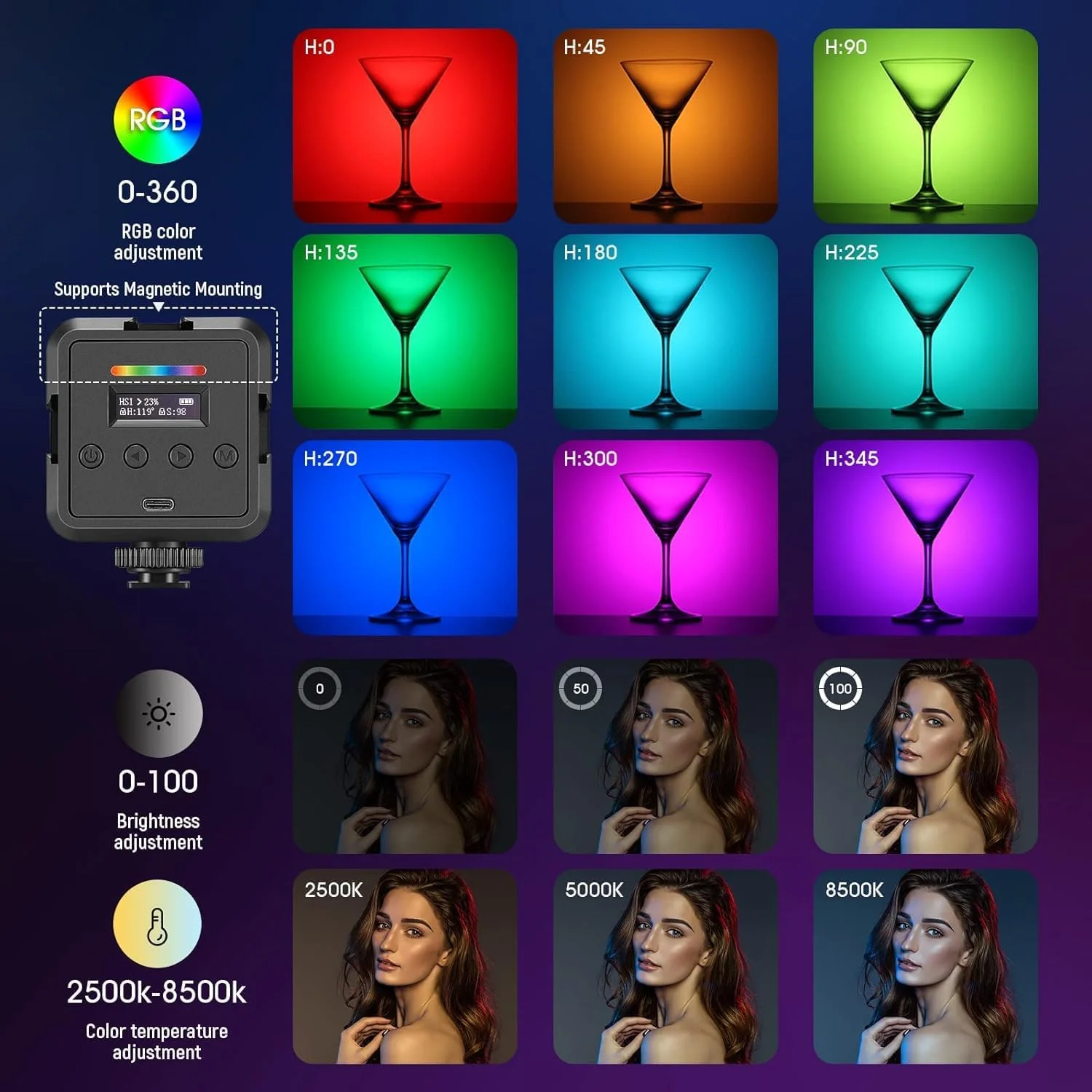 نور ویدئویی مغناطیسی RGB نیوئر، نور دوربین LED RGB61 تمام رنگی 360 درجه با 3 مانت کفشک سرد/CRI 97+/20 حالت صحنه/2500K-8500K/نور سلفی عکاسی قابل حمل قابل شارژ 2000mAh