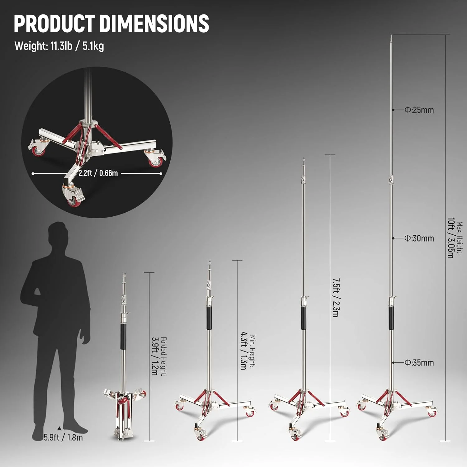 پایه نور بادی سنگین 3 متری نیور با چرخ، پایه سه پایه قابل تنظیم، پایه چرخ دار استیل ضد زنگ عکاسی برای فلاش استودیویی سافت باکس مونو لایت رفلکتور، SC305AW پایه نور بادی سنگین 3 متری نیور با چرخ، پایه سه پایه قابل تنظیم، پایه چرخ دار استیل ضد زنگ عکاسی برای فلاش استودیویی سافت باکس مونو لایت رفلکتور، SC305AW