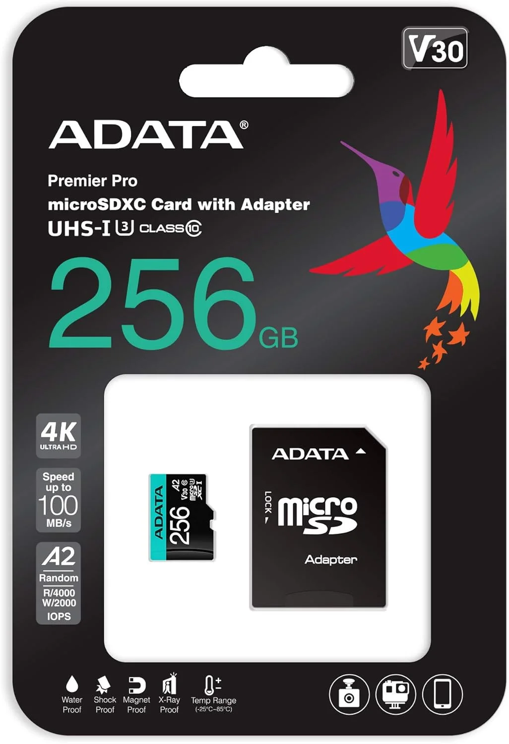 کارت حافظه ADATA Premier Pro 256GB microSDXC/SDHC UHS-I U3 Class 10(V30S) به همراه آداپتور، مشکی