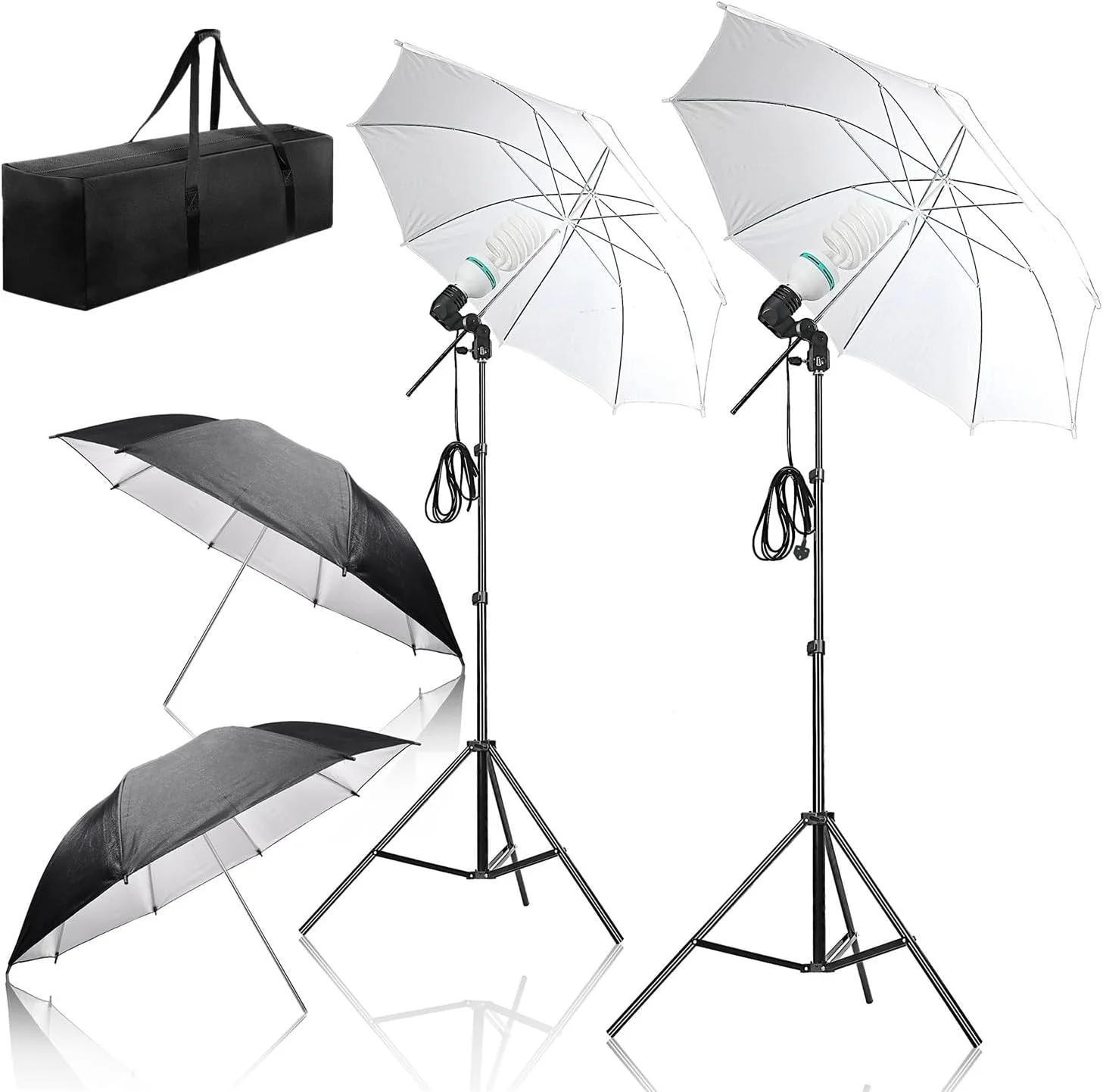 ست نورپردازی مداوم حرفه ای 300 واتی عکاسی ای وینر با 4 چتر (2 سافت باکس، 2 بازتابنده) و 2 لامپ 150 واتی نور روز - ایده آل برای استودیو، پرتره، ویدئو، پخش زنده