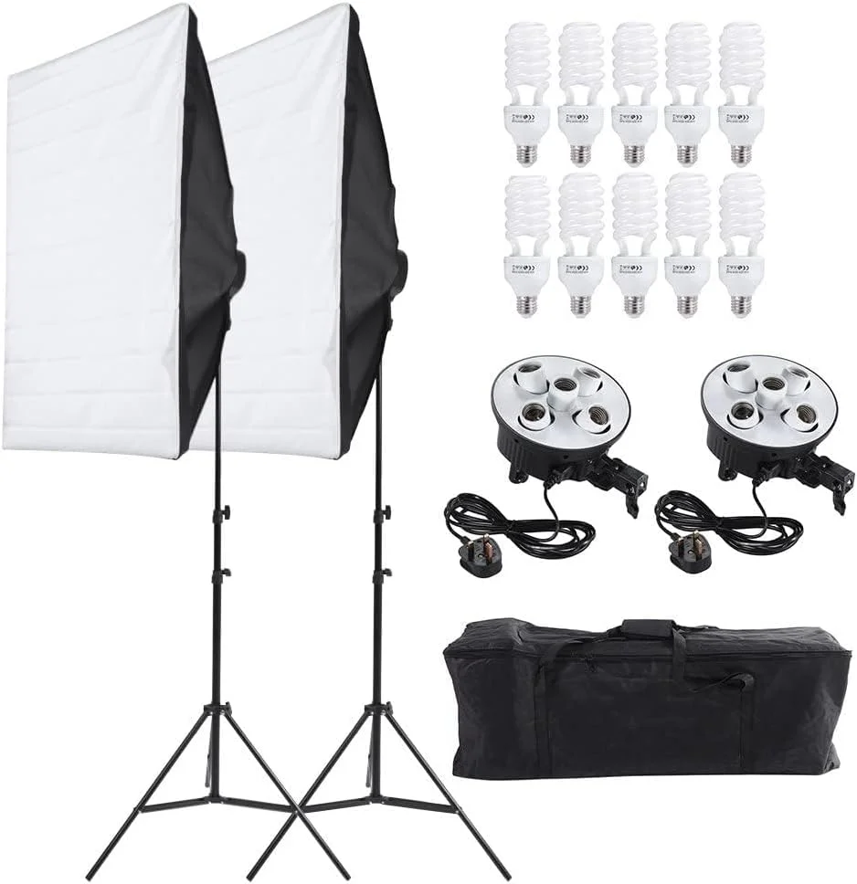 کیت نورپردازی سافت باکس eWINNER 50x70 سانتی‌متر، سوکت 5 در 1، 10 عدد لامپ 150 وات 5500K، 2 عدد پایه قابل تنظیم، کیف حمل برای استودیو عکس/فیلم، عکاسی پرتره و محصول