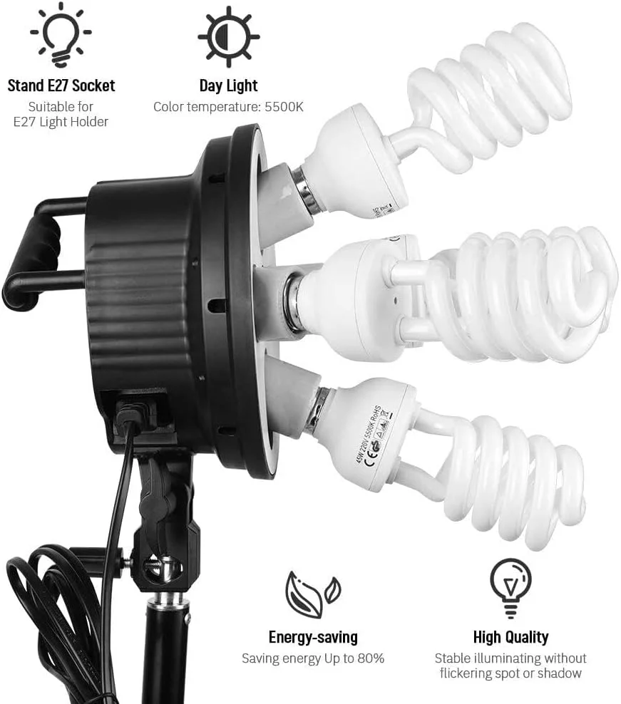 کیت نورپردازی سافت باکس eWINNER 50x70 سانتی‌متر، سوکت 5 در 1، 10 عدد لامپ 150 وات 5500K، 2 عدد پایه قابل تنظیم، کیف حمل برای استودیو عکس/فیلم، عکاسی پرتره و محصول