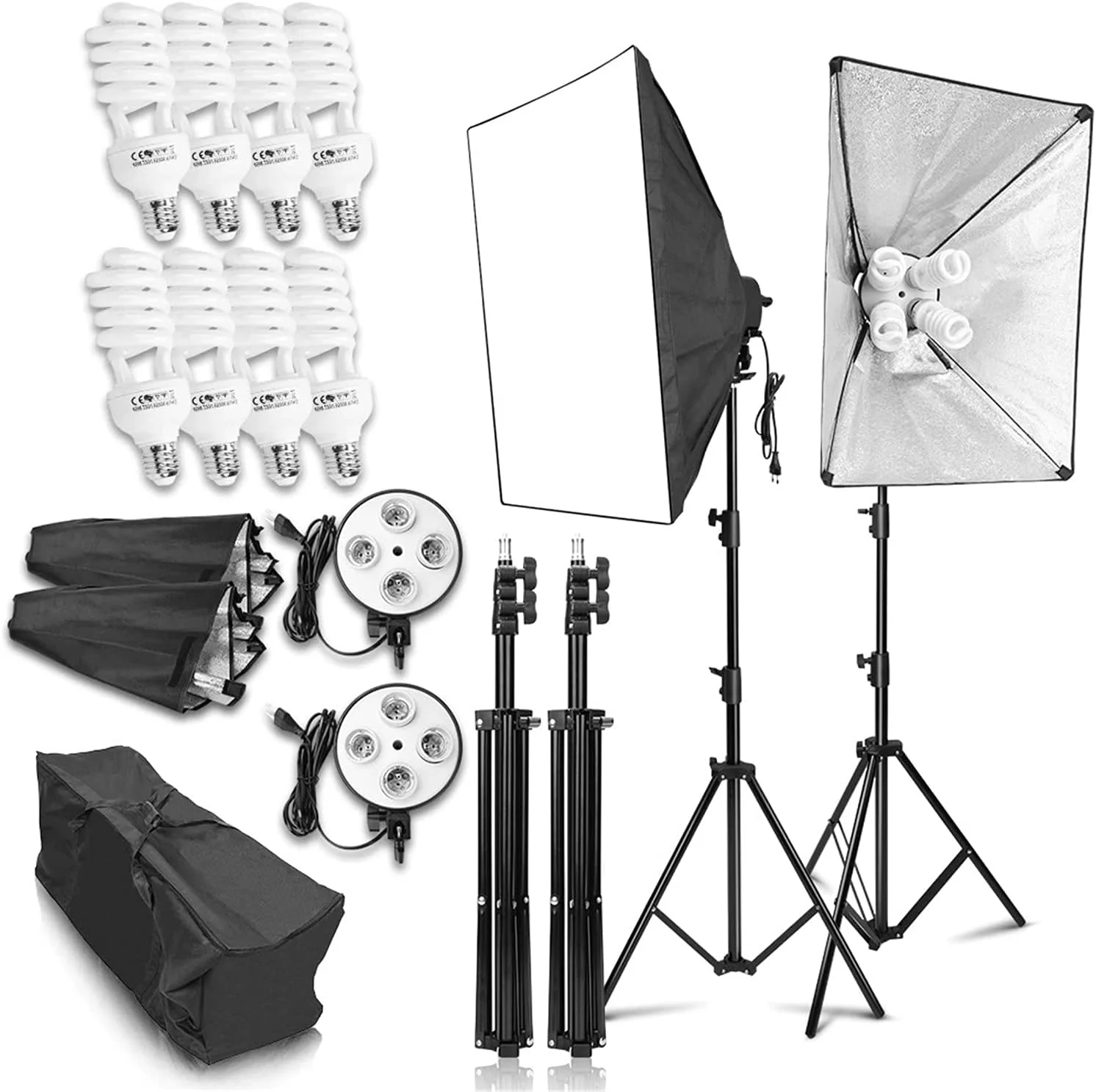 ست نورپردازی استودیویی eWINNER شامل 2 عدد سافت باکس، 2 عدد سرپیچ 4 در 1، 8 عدد لامپ 150 وات، 2 عدد پایه نور و کیف حمل