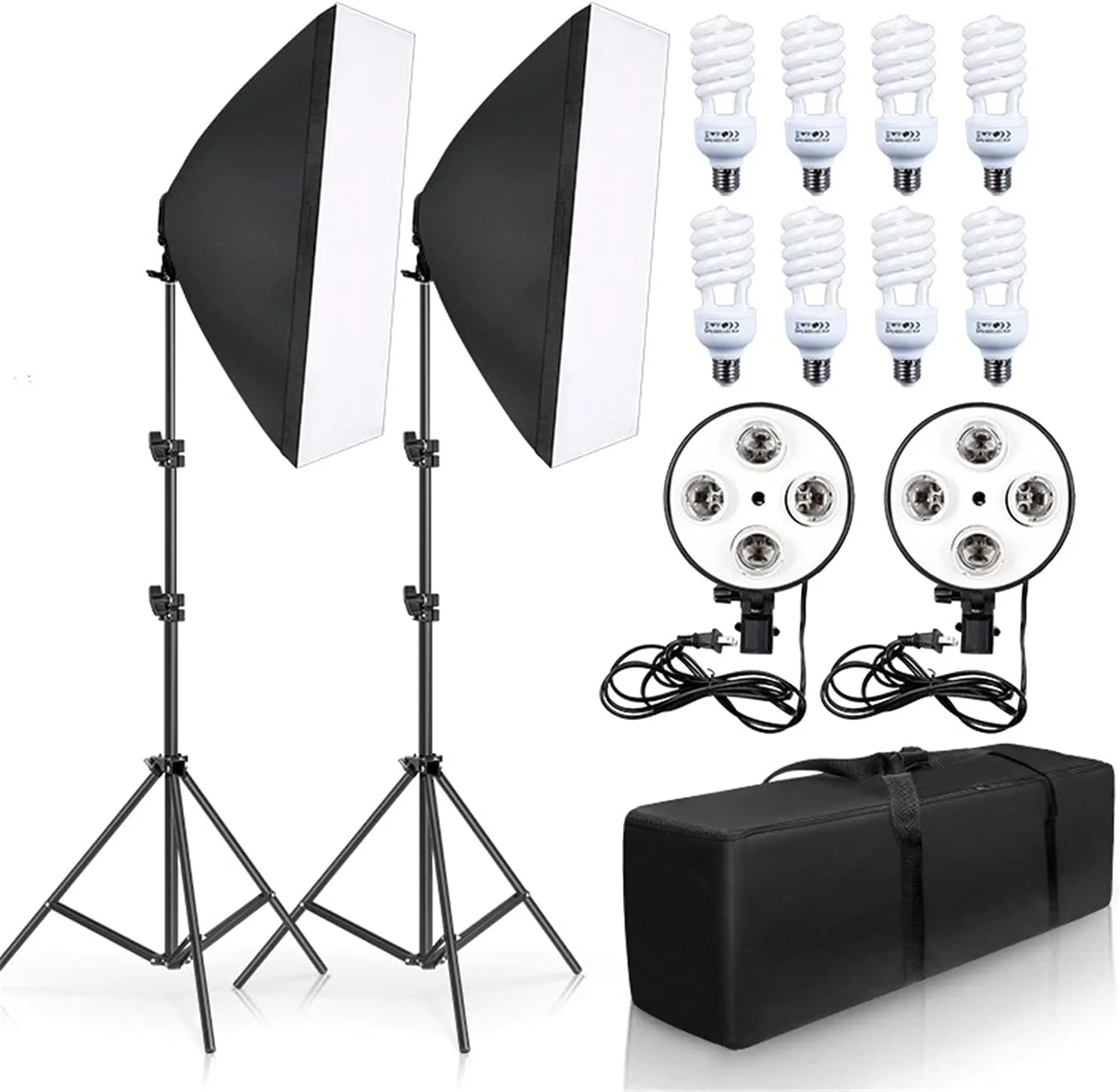 ست نورپردازی استودیویی eWINNER شامل 2 عدد سافت باکس، 2 عدد سرپیچ 4 در 1، 8 عدد لامپ 150 وات، 2 عدد پایه نور و کیف حمل
