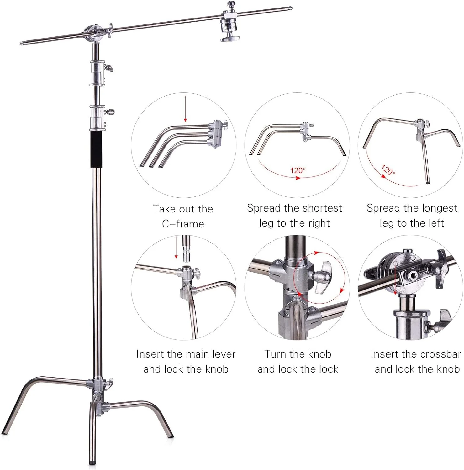 پایه نور C استیل ضد زنگ سنگین eWINNER، حداکثر ارتفاع 330 سانتی متر، پایه نور عکاسی و بازوی نگهدارنده 130 سانتی متری با 2 سر گیره برای استودیو Monolight/Softbox/Reflector/Umbrellas پایه نور C استیل ضد زنگ سنگین eWINNER، حداکثر ارتفاع 330 سانتی متر، پایه نور عکاسی و بازوی نگهدارنده 130 سانتی متری با 2 سر گیره برای استودیو Monolight/Softbox/Reflector/Umbrellas