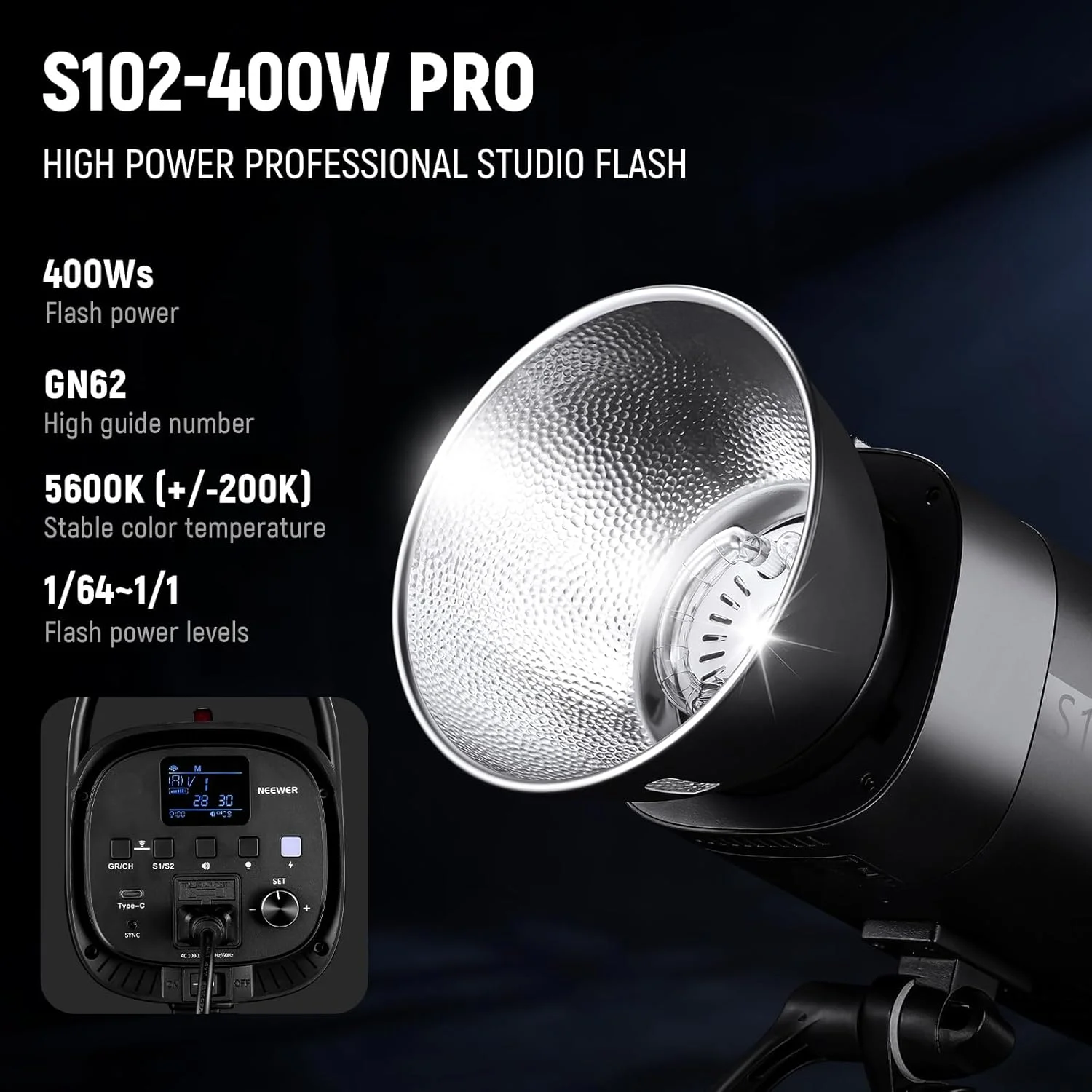 فلاش استروب حرفه ای NEEWER S102-400W با تریگر 2.4G، 400Ws GN62 5600K با لامپ مدلینگ LED 30W، مانت بوئنز، رفلکتور، حالت S1/S2، فن بی صدا برای عکاسی پرتره و محصول، پشتیبانی از QPRO فلاش استروب حرفه ای NEEWER S102-400W با تریگر 2.4G، 400Ws GN62 5600K با لامپ مدلینگ LED 30W، مانت بوئنز، رفلکتور، حالت S1/S2، فن بی صدا برای عکاسی پرتره و محصول، پشتیبانی از QPRO