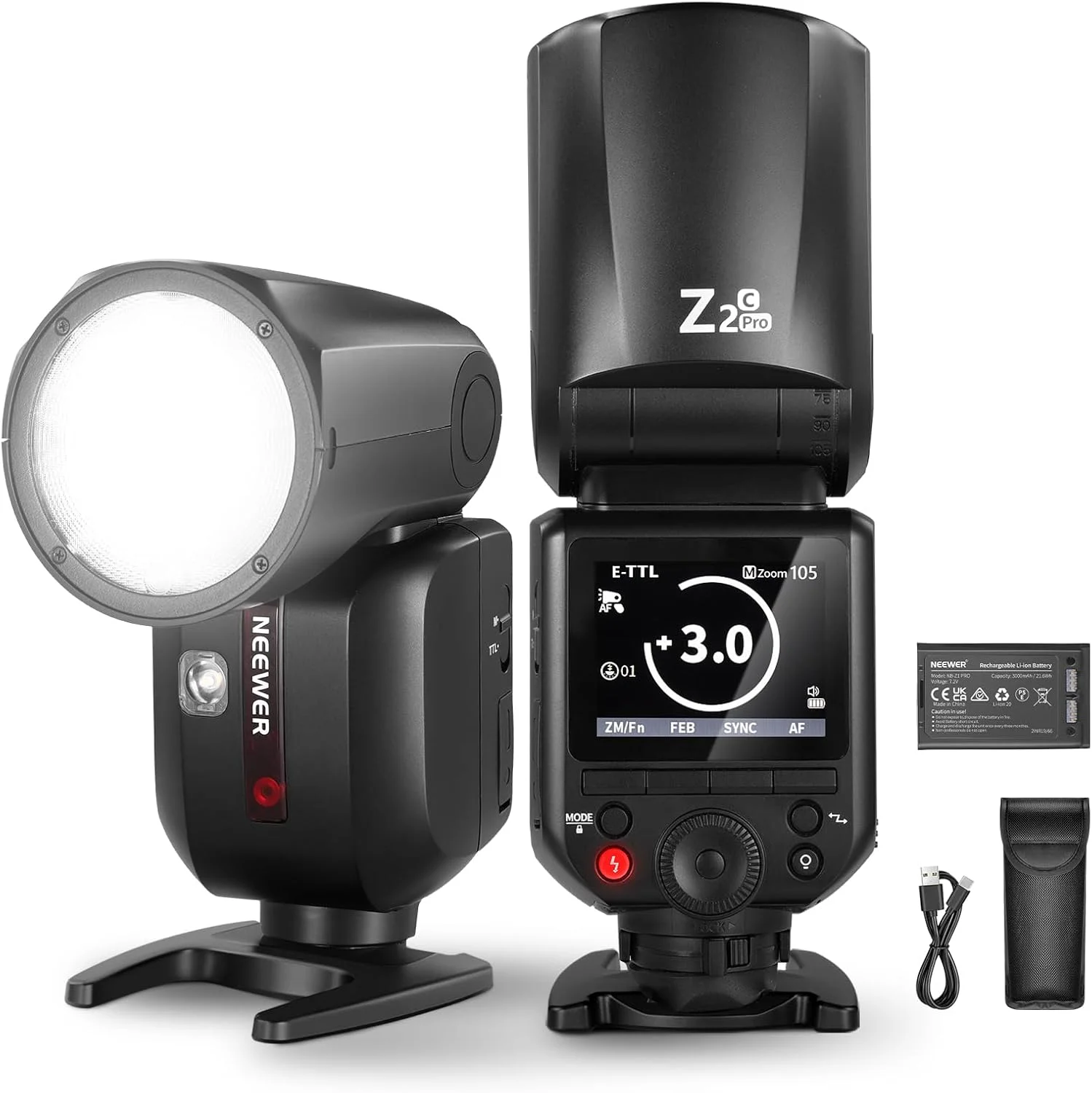 فلاش گرد NEEWER Z2PRO-C 2.4G TTL سازگار با Canon، با قدرت 76Ws و سرعت 1/8000s HSS، دارای رابط کاربری ارتقا یافته، 2 لامپ مدلینگ، سوئیچ سریع TTL/M TCM، باتری 7.2V/3000mAh و 600 فلاش با قدرت کامل