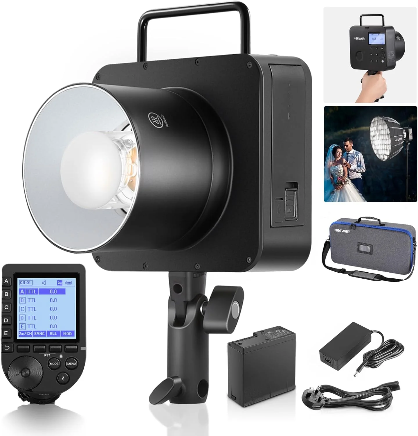 فلاش استودیویی 400 وات NEEWER Q4 به همراه تریگر QPRO-N سازگار با نیکون، 1/8000 HSS/ لامپ مدلینگ 30 وات/ 400 قدرت کامل/ بازیافت 0.01-1.2 ثانیه/ باتری 21.6 ولت 2800 میلی آمپر ساعت برای عکاسی عروسی