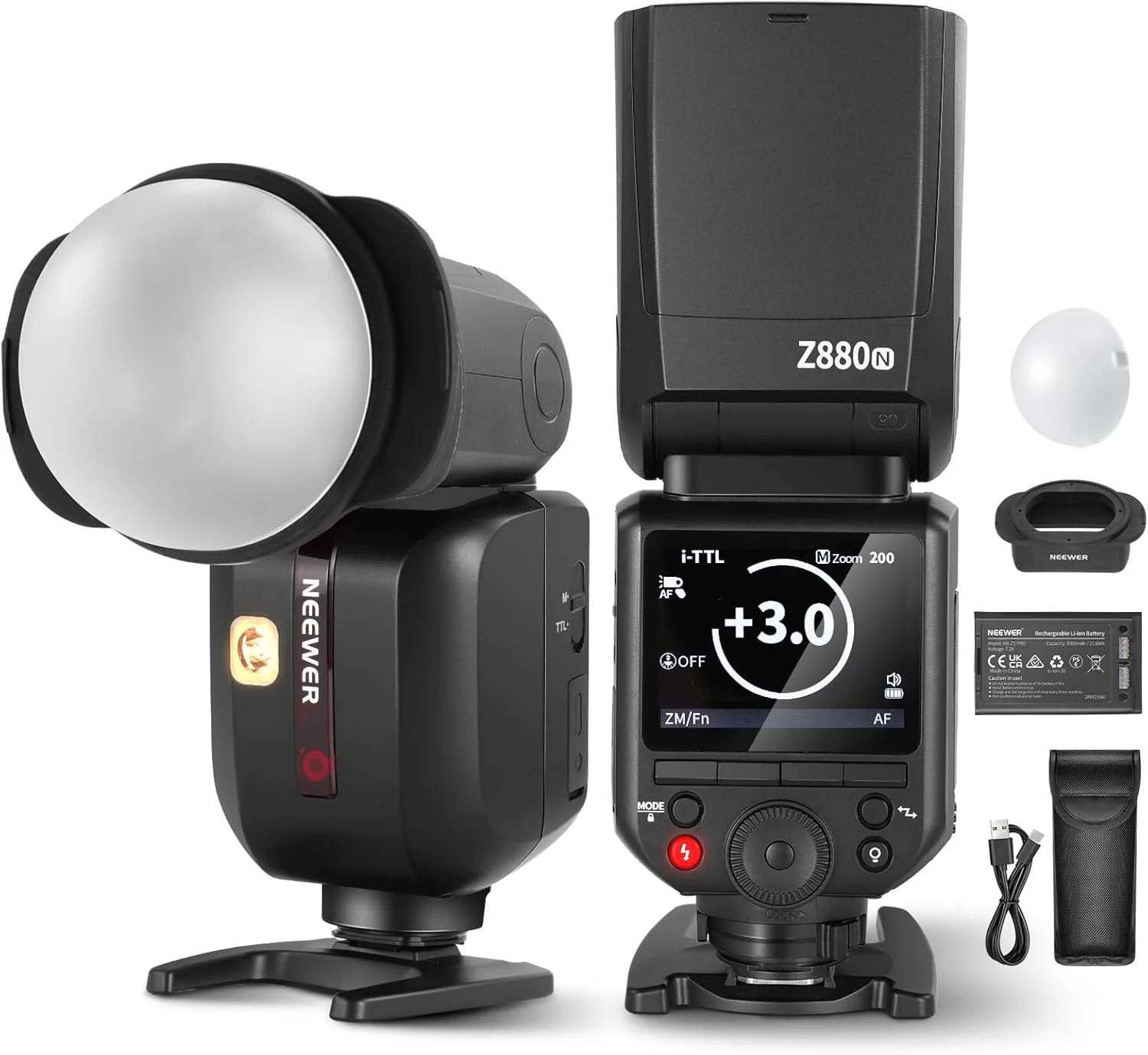 فلاش دوربین NEEWER Z880-N 76W 2.4G TTL سازگار با نیکون، دارای دیفیوزر و آداپتور، لامپ مدلینگ، سوئیچ سریع TTL/M، GN60 1/8000s HSS باتری 7.2V/3000mAh با 600 فلاش با قدرت کامل