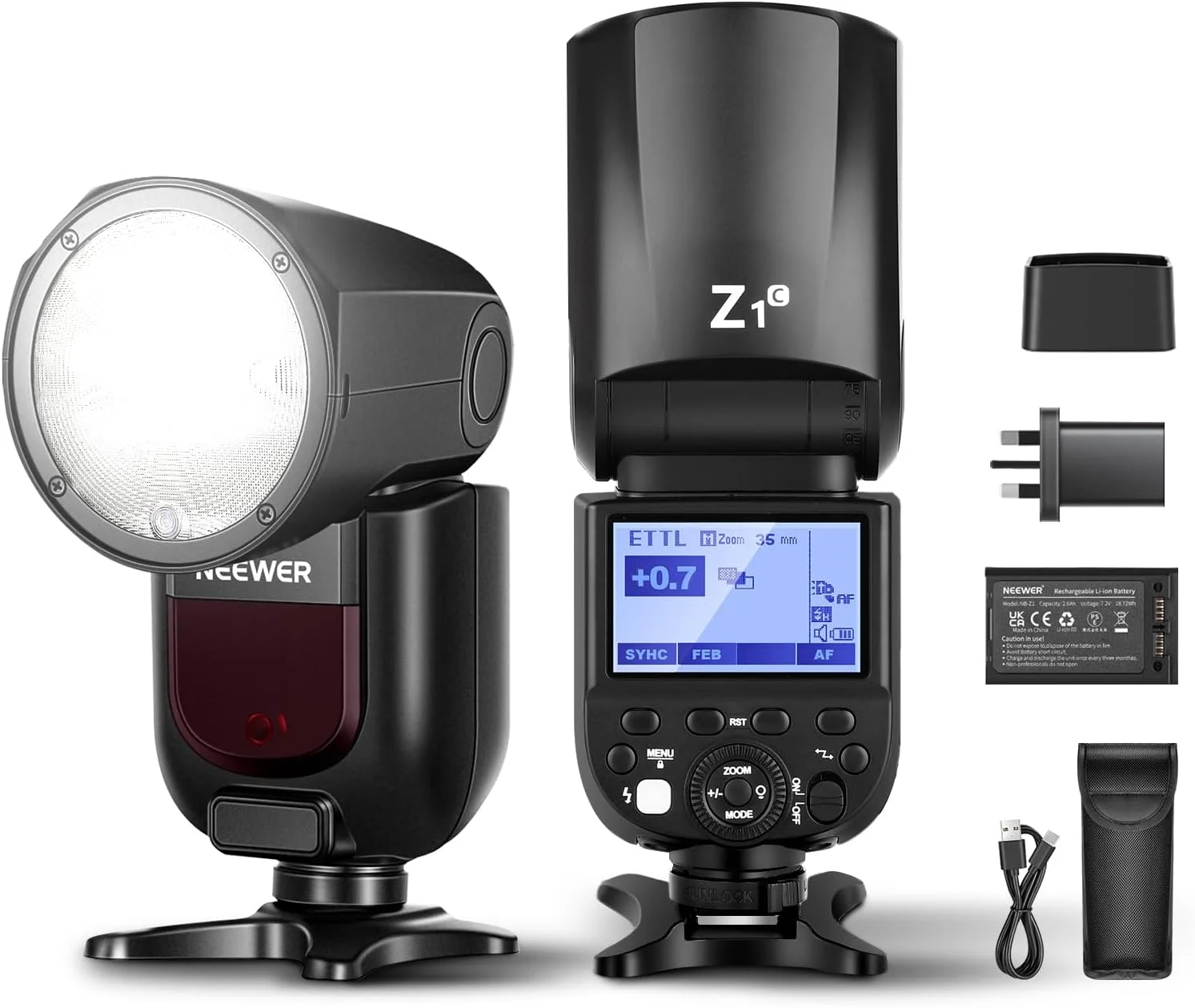 فلاش اسپیدلایت گرد نیور مدل Z1-C TTL، 76 وات، 2.4G 1/8000 ثانیه HSS، لامپ مدلینگ LED با 10 سطح، باتری لیتیوم یونی 2600mAh، 480 شات با قدرت کامل، بازیافت در 1.5 ثانیه، سازگار با دوربین های DSLR کانن