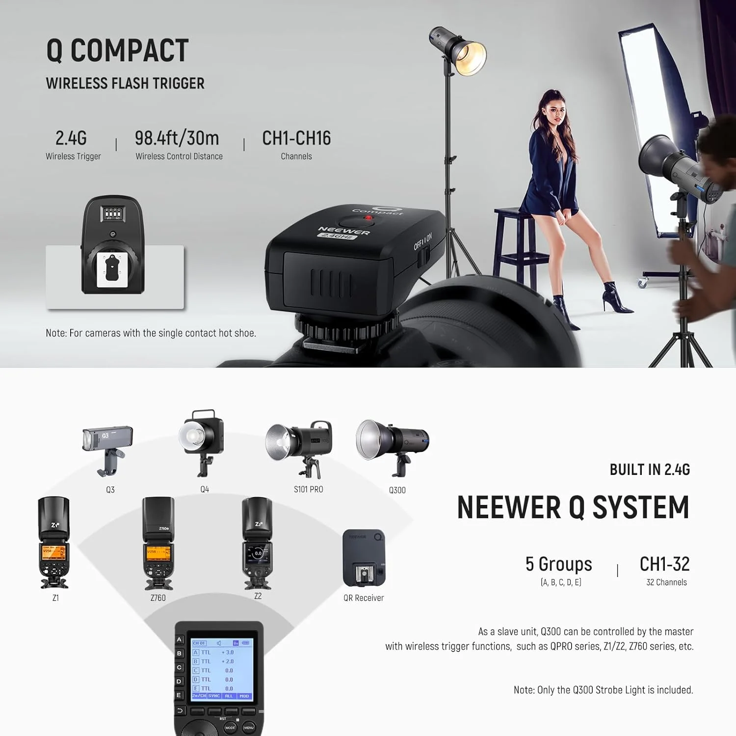 فلاش استودیویی قابل حمل NEEWER Q300 300WS 2.4G به همراه شاتر بیسیم Q Compact، نور استروب با باتری لیتیوم یون 7800mAh برای نورپردازی تکنور عکاسی فلاش استودیویی قابل حمل NEEWER Q300 300WS 2.4G به همراه شاتر بیسیم Q Compact، نور استروب با باتری لیتیوم یون 7800mAh برای نورپردازی تکنور عکاسی