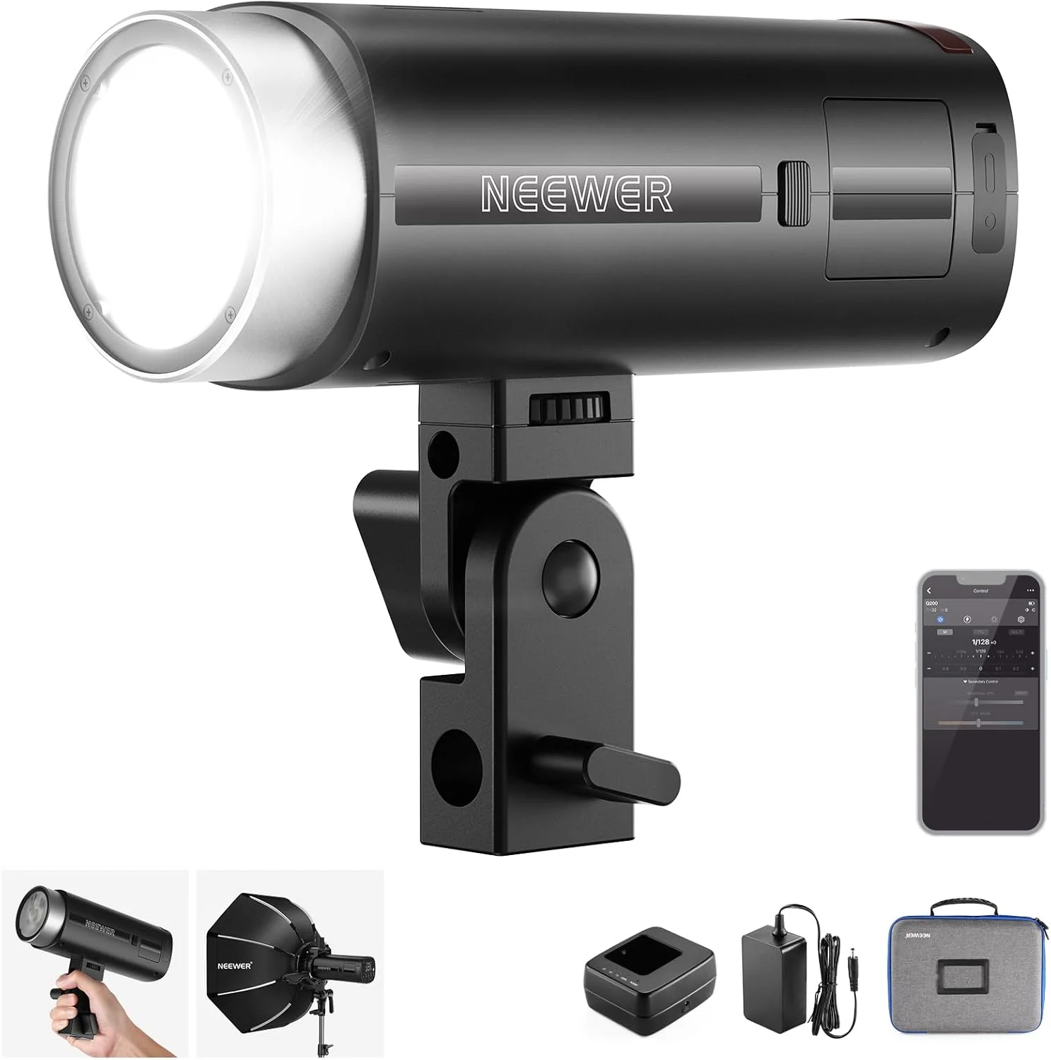 فلاش اکسترنال NEEWER Q200 200Ws 2.4G، دارای باتری لیتیوم-یون 3200mAh، فلاش استودیویی عکاسی بی‌سیم مونولایت، با 750 فلاش با قدرت کامل، بازیافت 0.01-1.5 ثانیه، آداپتور باتری