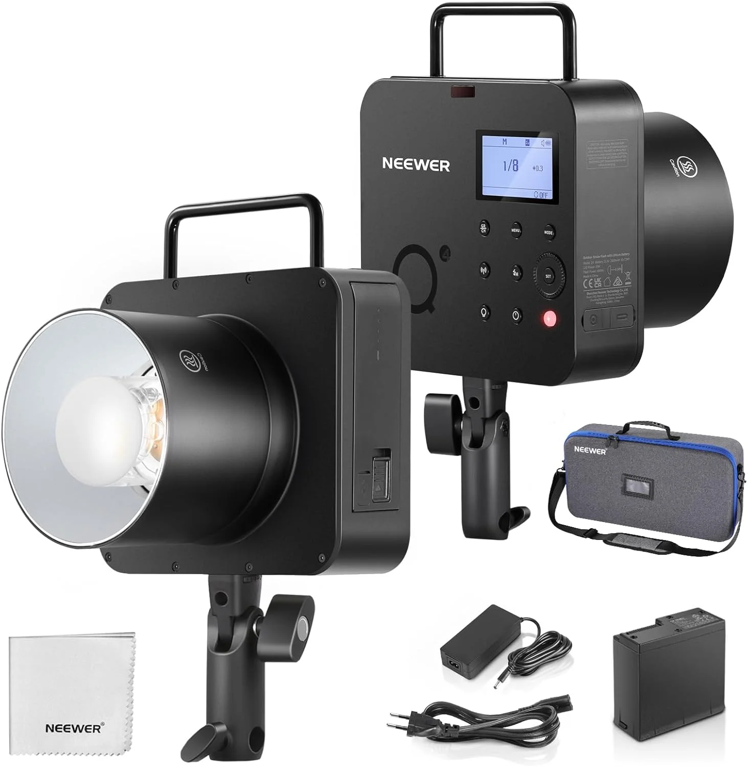 فلاش استودیویی فضای باز NEEWER Q4 400Ws 2.4G TTL (ظاهری جدید)، 1/8000s HSS / باتری 2800mAh / لامپ تنظیم 30W / 400 قدرت کامل، فلاش، عکاسی، مانت بوئنز، مونو لایت با پارچه تمیز کننده