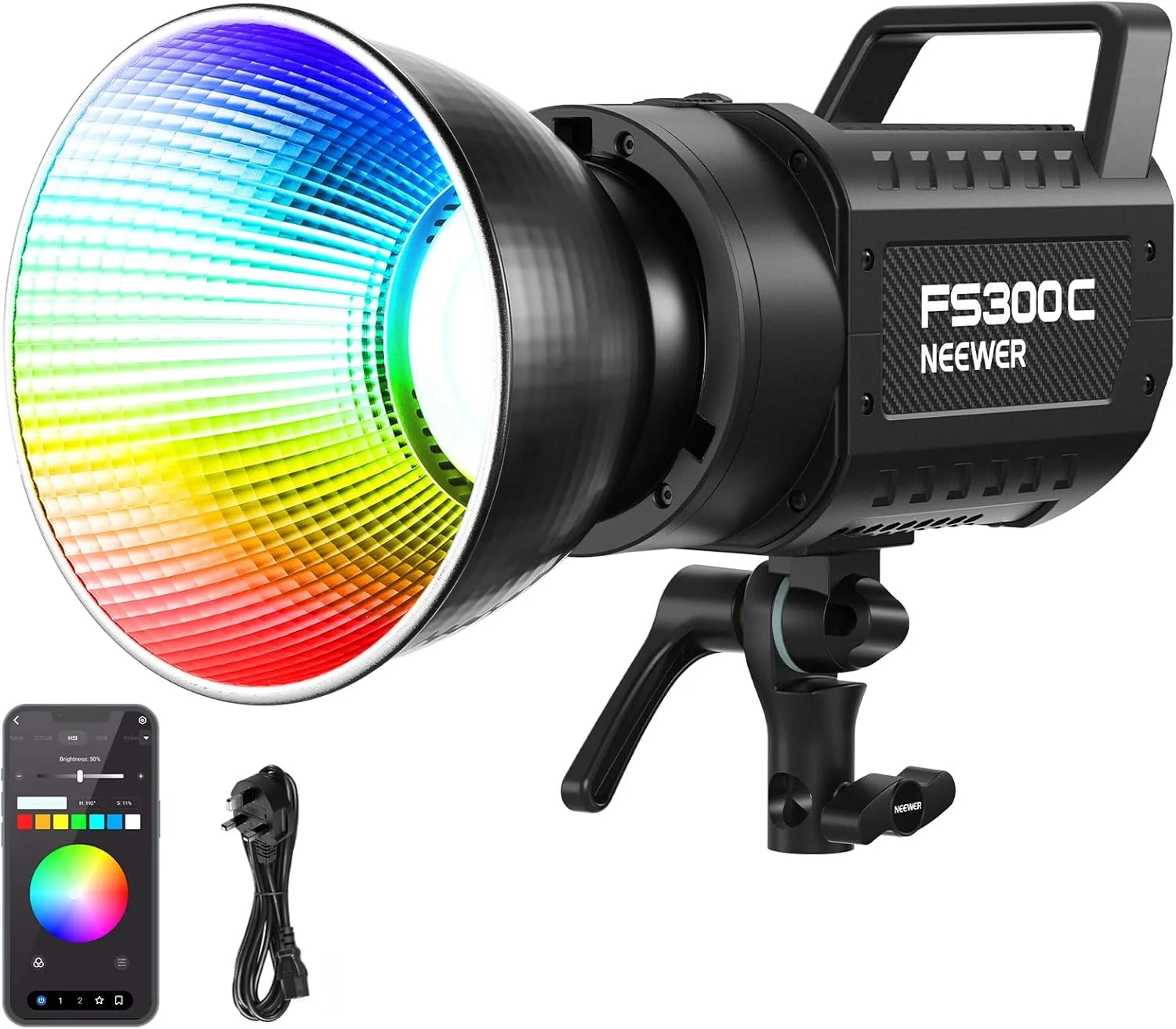 نور ویدئویی ال ای دی RGB نیور 300 وات با کنترل از طریق اپلیکیشن/2.4G، دارای 17 افکت، 2500-7500K 36000lux/1m COB، نورپردازی خروجی مداوم، CRI95+/TLCI97+، 4 منحنی دیمینگ، نورافکن مانت بوئنز برای استودیو، FS300C