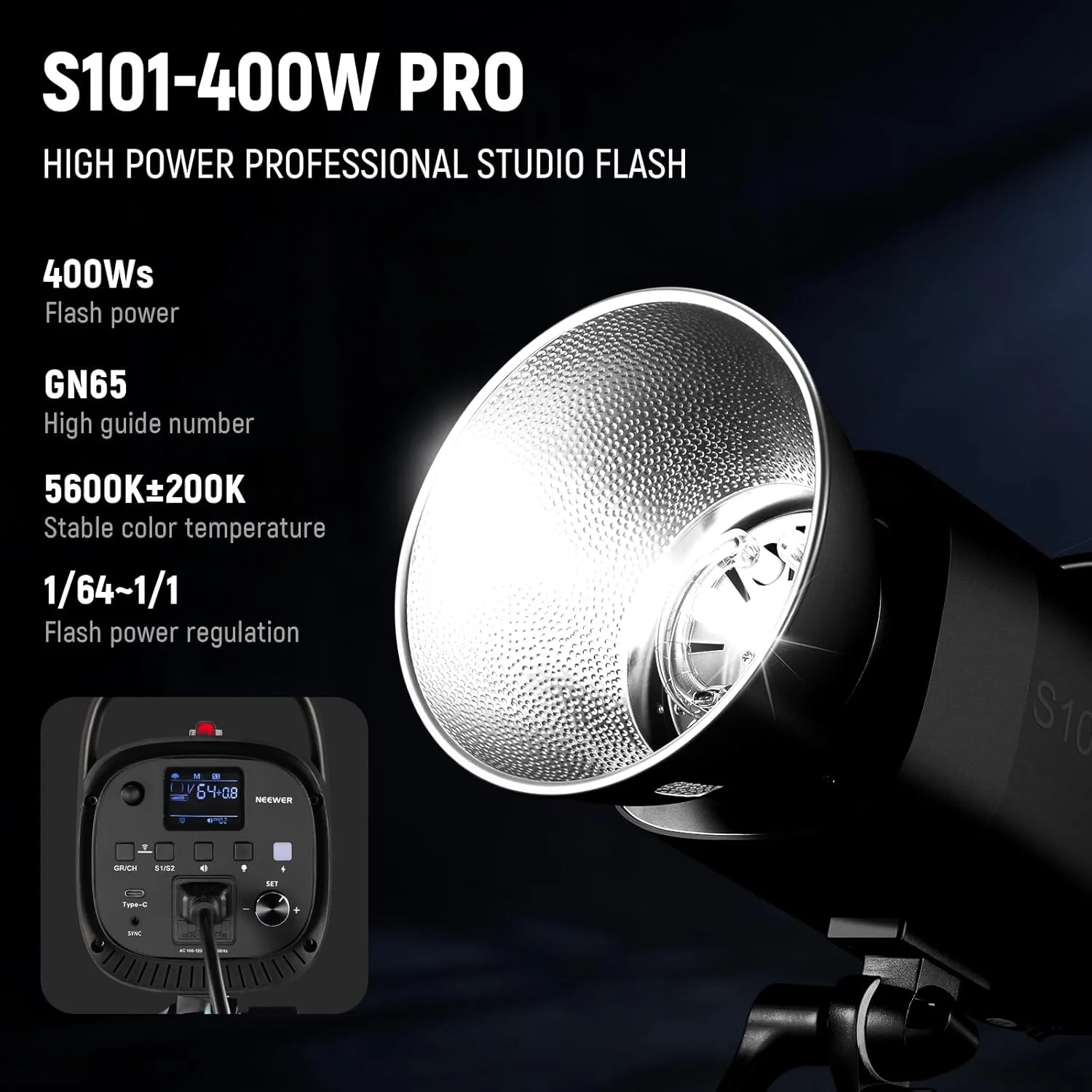 مجموعه فلاش استودیویی 800 وات NEEWER: بسته 2 عددی فلاش استودیویی S101-400W PRO 5600K با تریگر 2.4G / لامپ تنظیم 150 وات / مانت بوئنز / سافت باکس / پایه / رفلکتور / کیف، سازگار مجموعه فلاش استودیویی 800 وات NEEWER: بسته 2 عددی فلاش استودیویی S101-400W PRO 5600K با تریگر 2.4G / لامپ تنظیم 150 وات / مانت بوئنز / سافت باکس / پایه / رفلکتور / کیف، سازگار