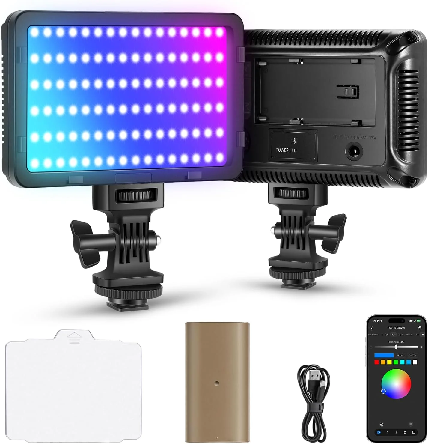 نور ویدئویی RGB نیوئر با باتری جایگزین 4300mAh NP-F750، کنترل از طریق اپلیکیشن، نور کلیدی LED دوربین با رنگ کامل 360 درجه، CRI95+ دیمر پذیر برای استودیو، دوربین فیلمبرداری DSLR، عکاسی، ضبط و استریم، RGB176
