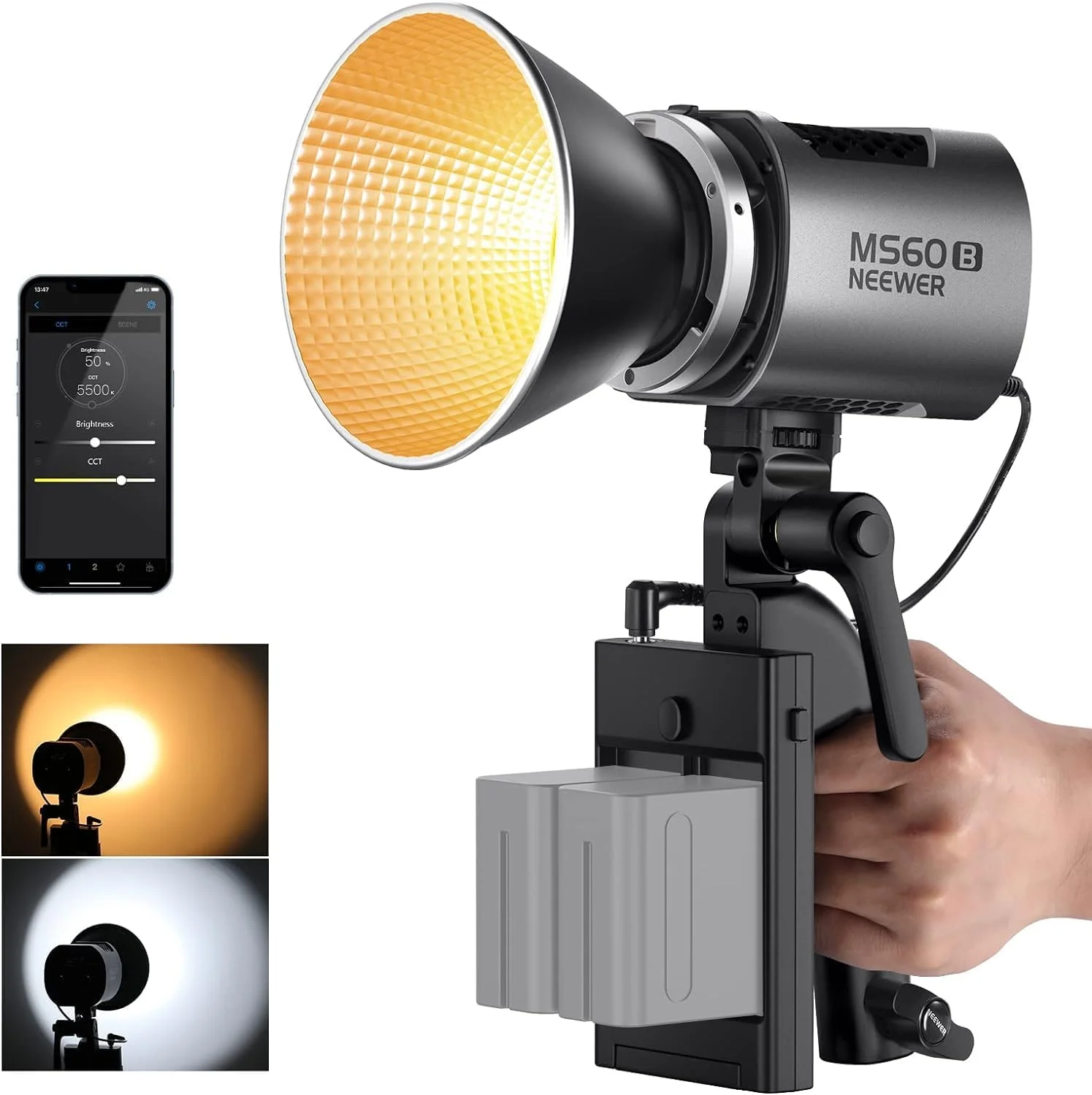 نور ویدئویی پرتابل COB دو رنگ NEEWER MS60B با کنترل 2.4G/APP، نور خروجی مداوم دستی مینی فلزی 65 واتی با مانت بوونز 2700K-6500K، 40000lux/1m، CRI 97+/TLCI 98+، 12 جلوه، PWM Dimming