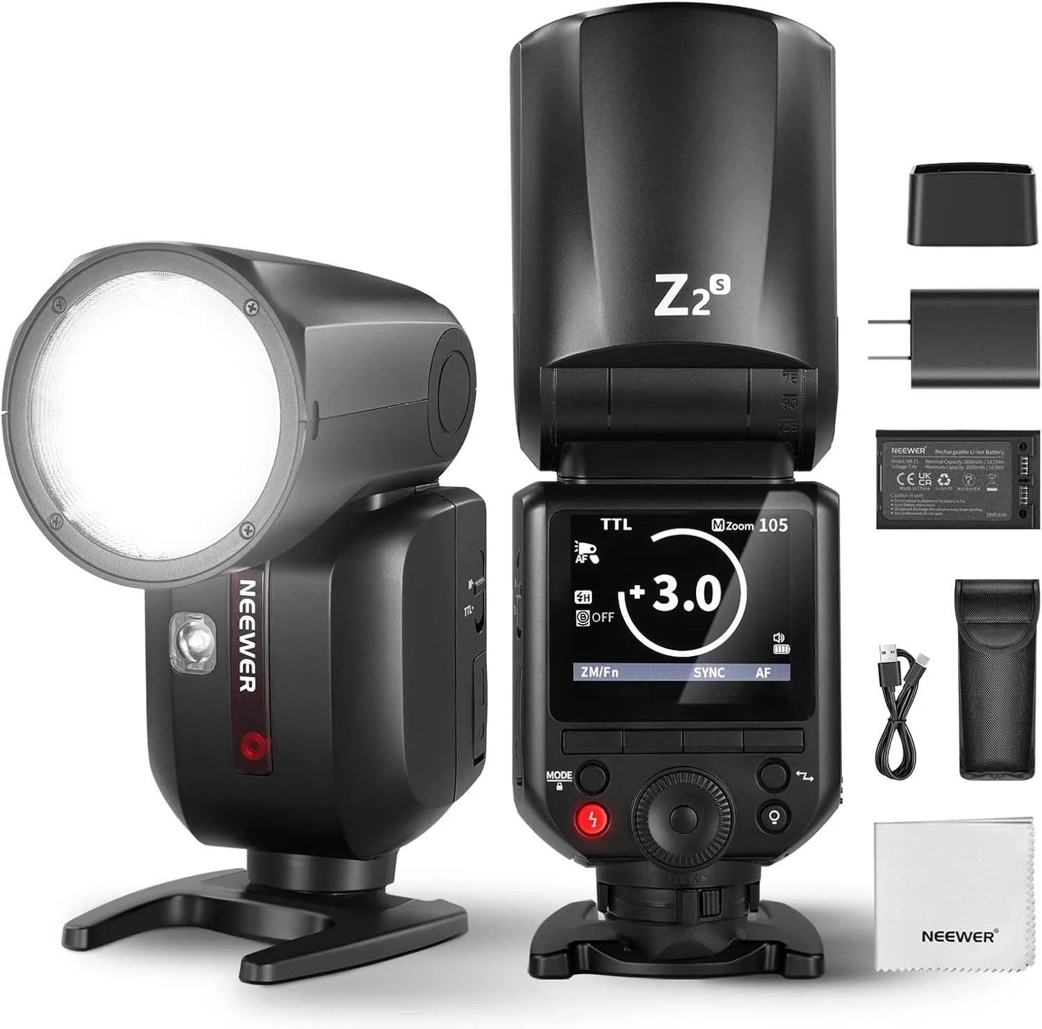 فلاش اسپیدلایت گرد NEEWER Z2-S 2.4G TTL برای سونی، 76 وات با رابط کاربری ارتقا یافته، لامپ های مدلینگ، سوئیچ سریع TTL/M TCM، HSS 1/8000 ثانیه، باتری 2600mAh، 480 فلاش با قدرت کامل، پارچه تمیز کننده