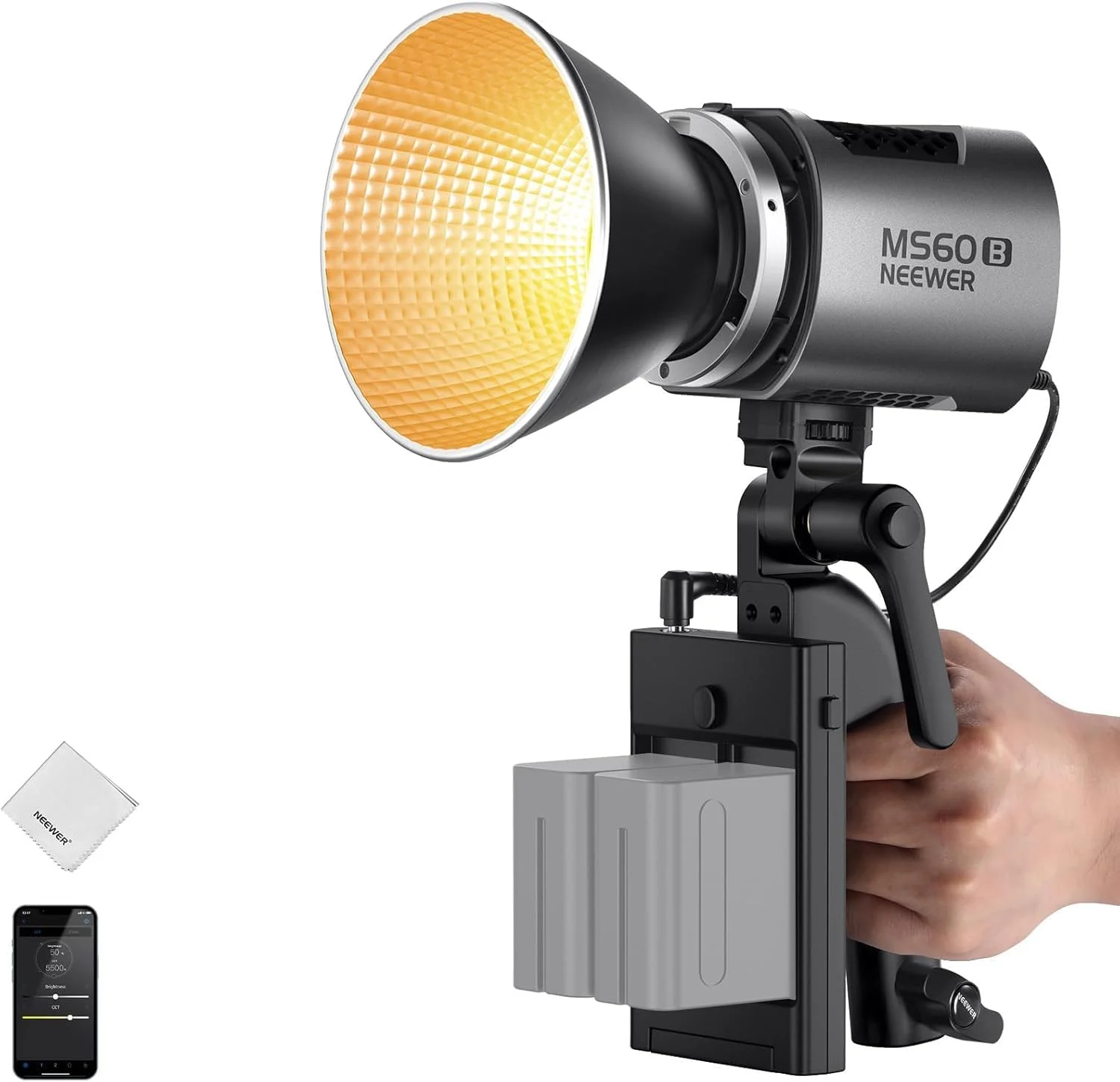 نور ویدئویی ال ای دی NEEWER MS60B با کنترل 2.4G/App، نور پیوسته COB مینی کامپکت فلزی 65 واتی با پایه Bowens برای استودیو عکاسی، 40000lux/1m 2700-6500K CRI 97+/TLCI 98+، نقره ای