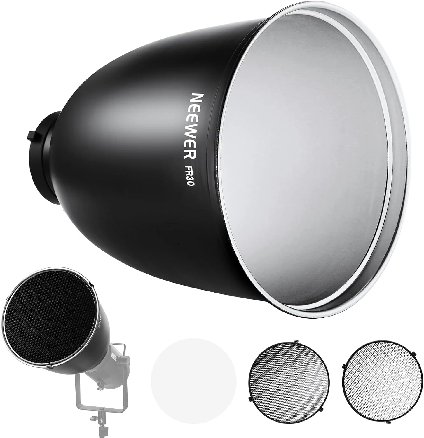 رفلکتور دیپ فوکوس مانت بوئنز 29.5 سانتی متری NEEWER با گرید لانه زنبوری 15°/30° و پارچه نرم، سایه بان دیفیوزر 45 درجه، سازگار با فلاش استودیویی گودوکس NEEWER، FR30 رفلکتور دیپ فوکوس مانت بوئنز 29.5 سانتی متری NEEWER با گرید لانه زنبوری 15°/30° و پارچه نرم، سایه بان دیفیوزر 45 درجه، سازگار با فلاش استودیویی گودوکس NEEWER، FR30